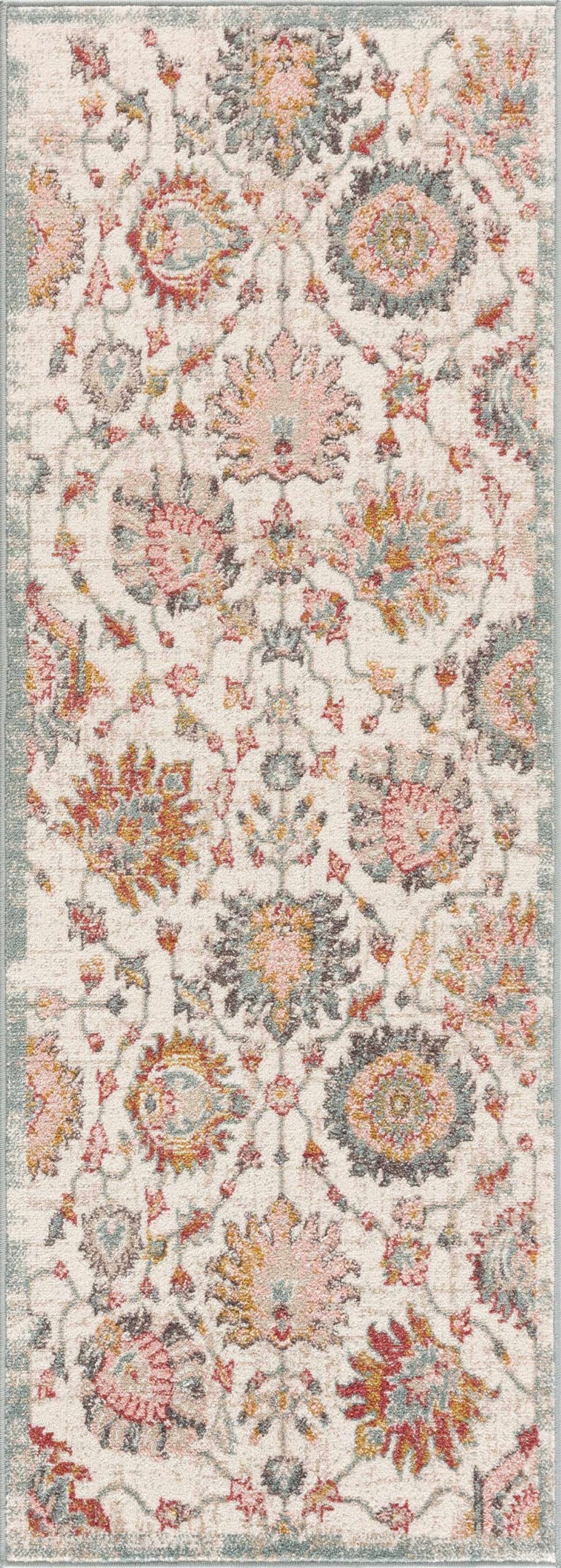 BoutiqueRugs Twilight Boho Vintage Colorful Area Rug - Farmhouse Traditional Floral Pink Rug for Hallway, Kitchen - Cream, Green, Sage, Red, Gray, Taupe, Dusty Pink - 2'7