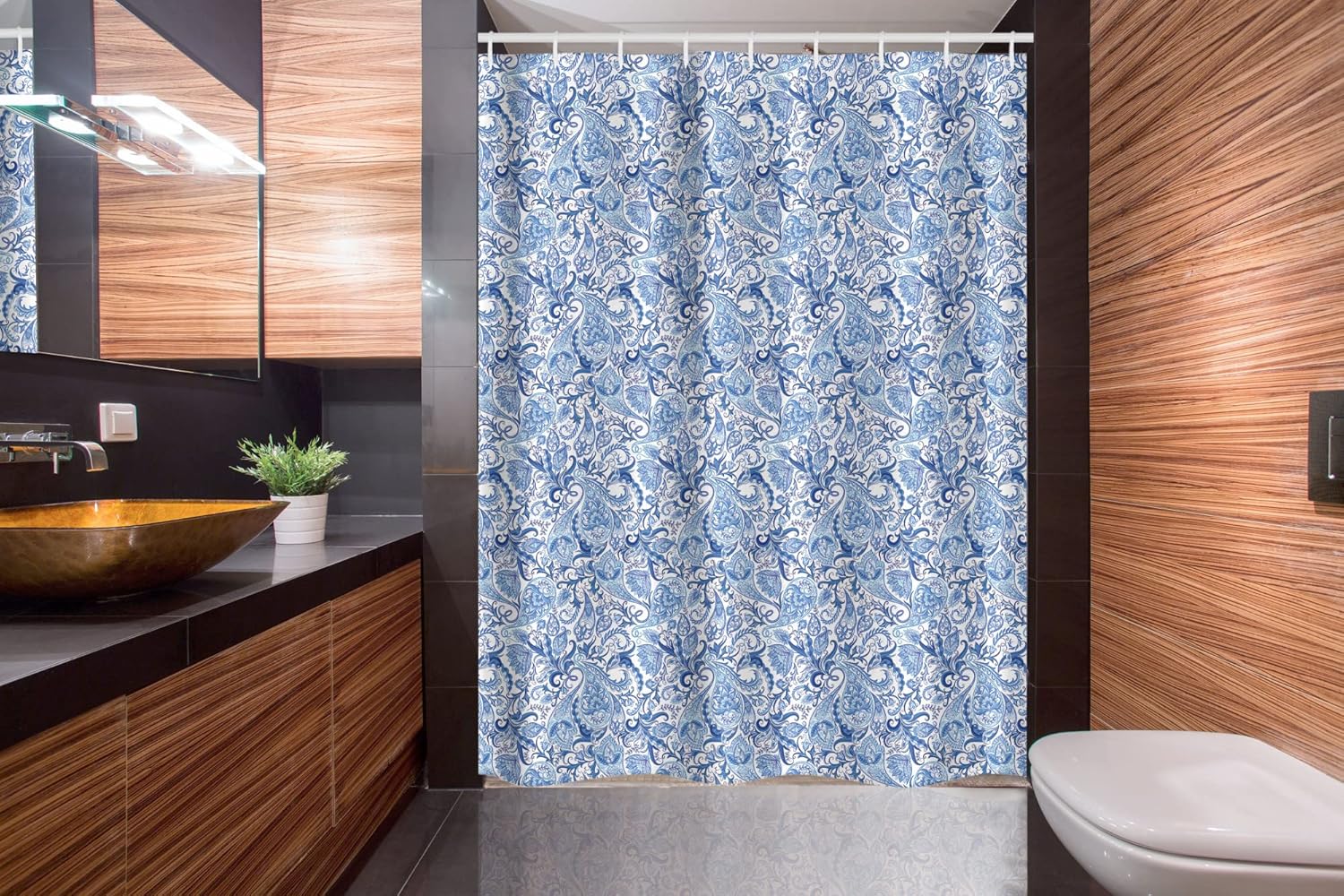 Ambesonne Paisley Stall Shower Curtain, Native Pattern in Blue Tones Nature Themed Print, Fabric Bathroom Decor Set with Hooks, 54" W x 78" L, Pale Blue White and Blue