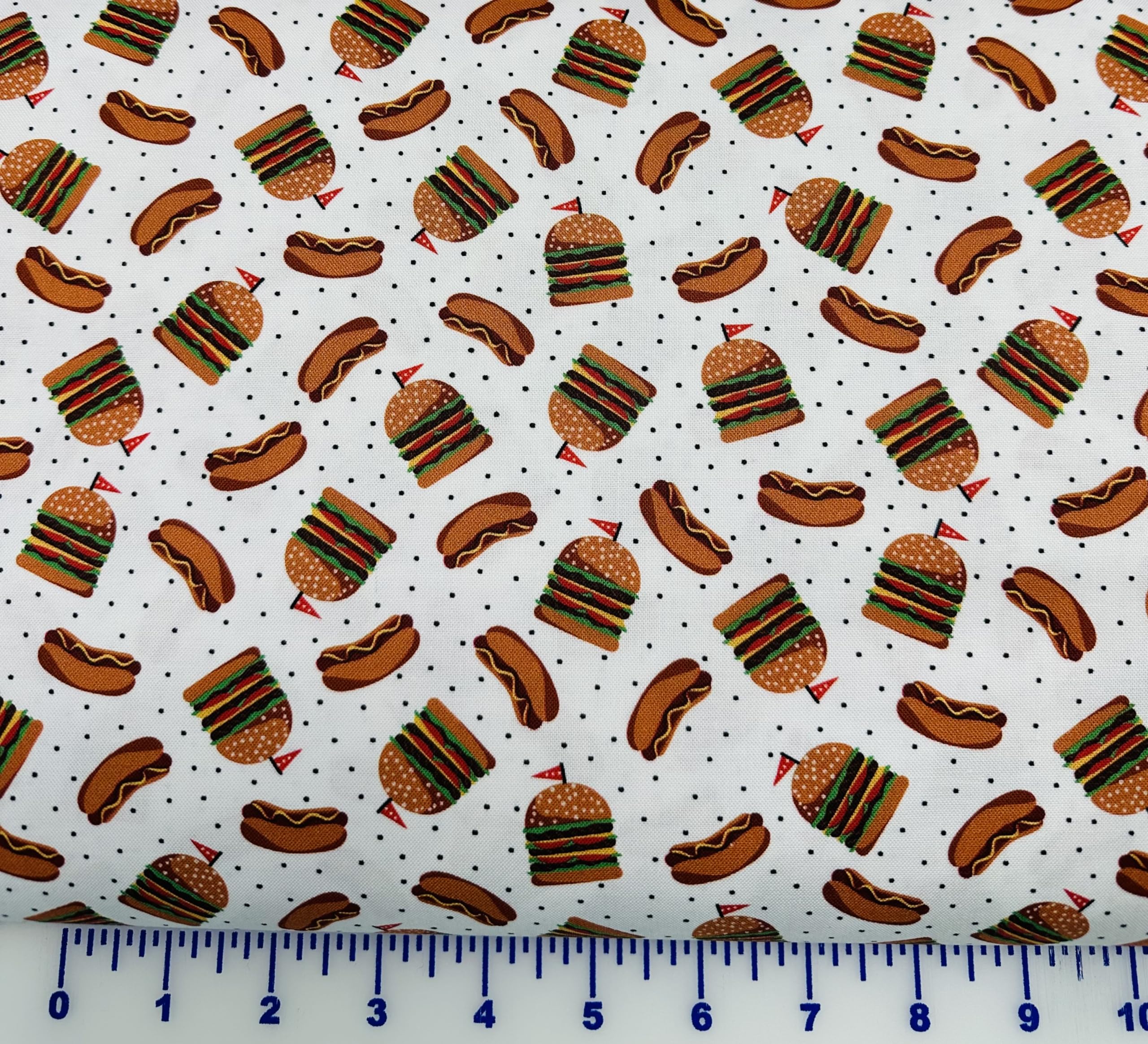 Generic Cotton Fabric Benartex Chillin & Grillin BBQ Hot Dogs and Burgers 14360-09 Fabric by The Yard, White