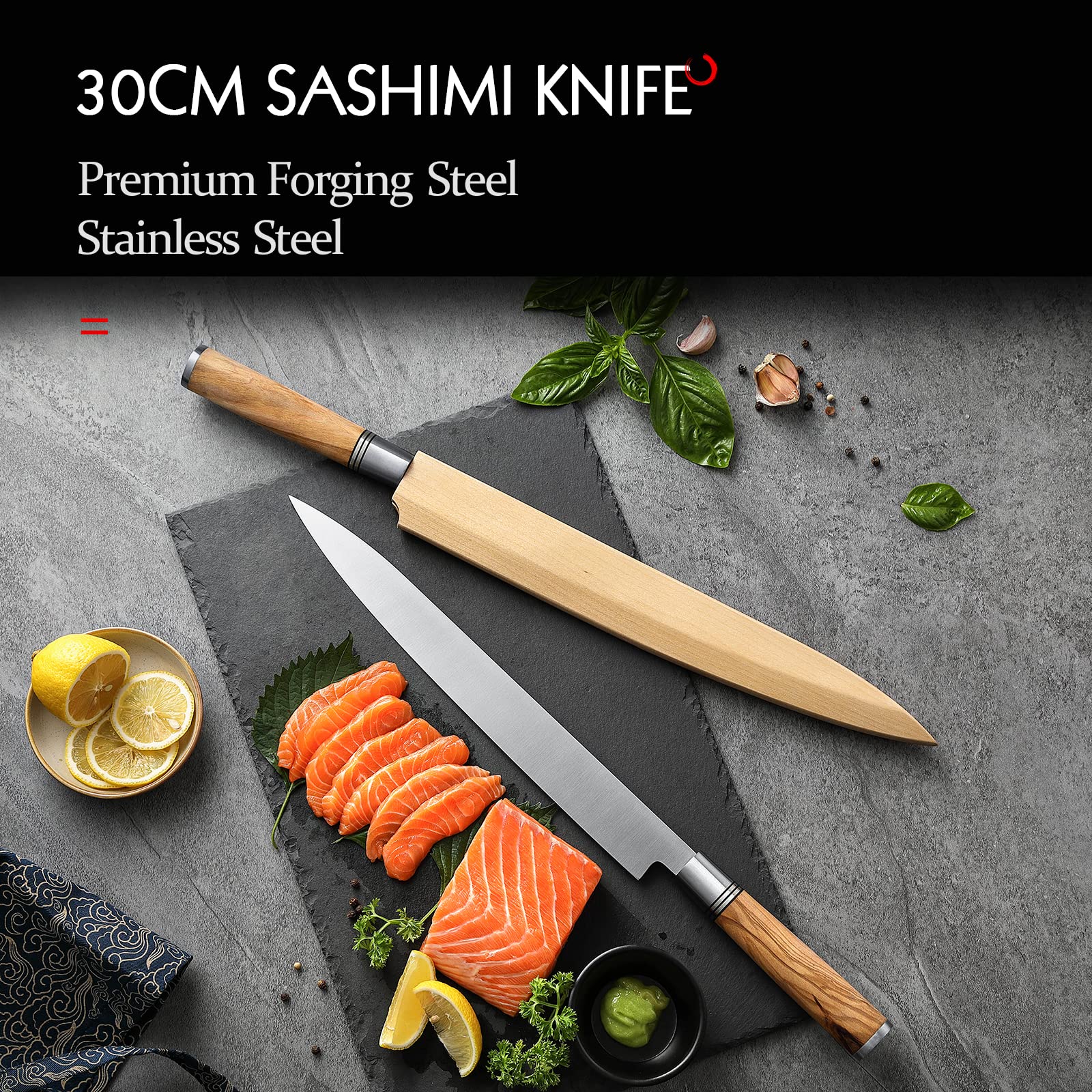 Couteau Yanagiba HEZHEN 300 mm, acier forgé, manche bois