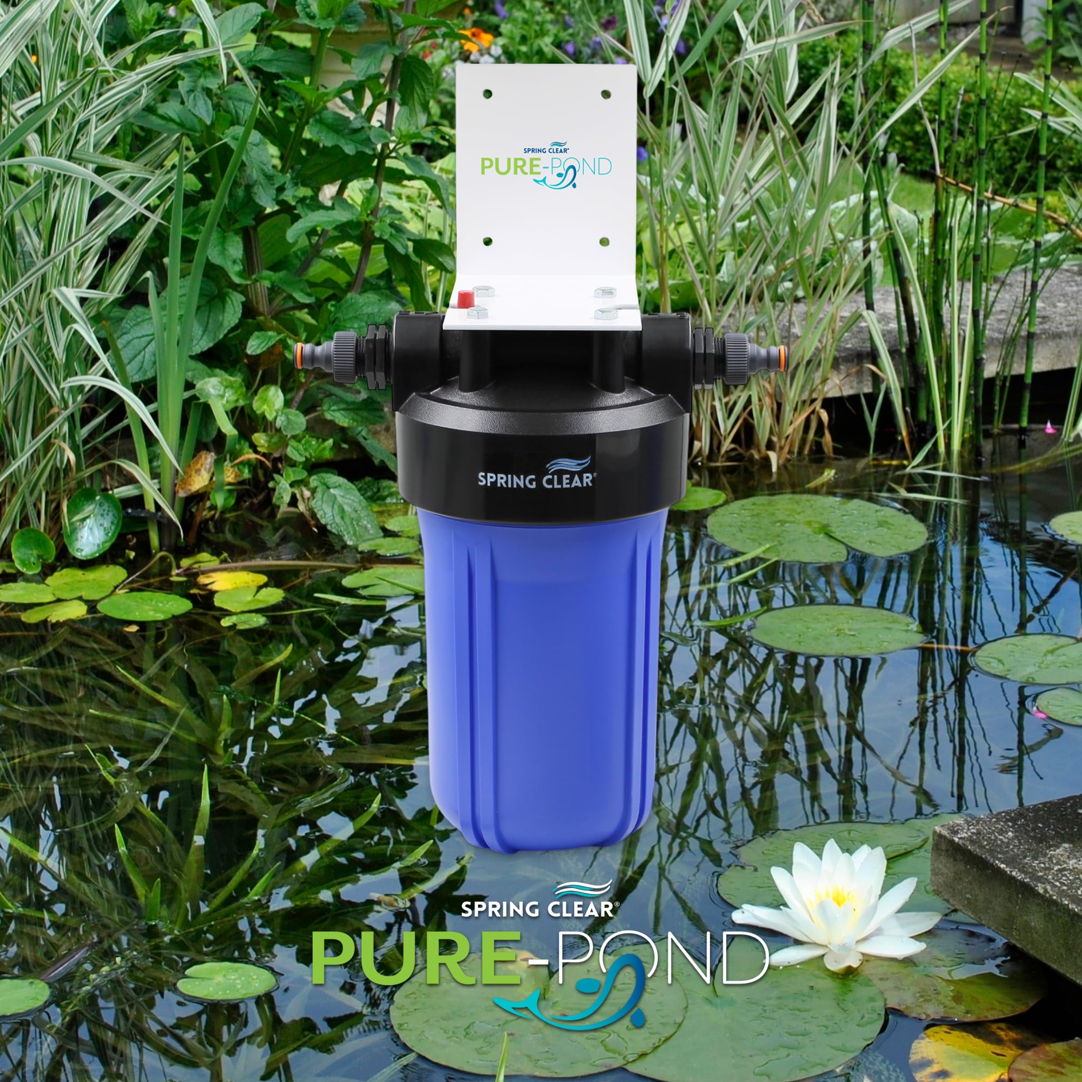 Spring Clear Pure Pond - Sistema di filtraggio dell'acqua ad alta capacità per laghetti, riduce cloro, sostanze chimiche e PHA, porte standard da 2,5 cm, include chiave, staffa e raccordi per tubi