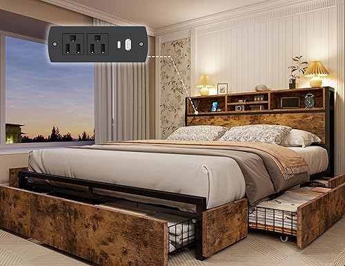 EnHomee Base de cama Queen con 6 cajones de almacenamiento, marco de cama tamaño Queen con cabecera y estación de carga, sin ruido, no necesita