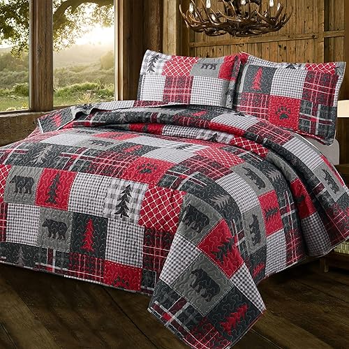 Miniatura 10 de Juego de edredón de tamaño QueenMatrimonial, ropa de cama rústica de cabaña, colcha reversible para el hogar, colcha ligera para el hogar, colcha de