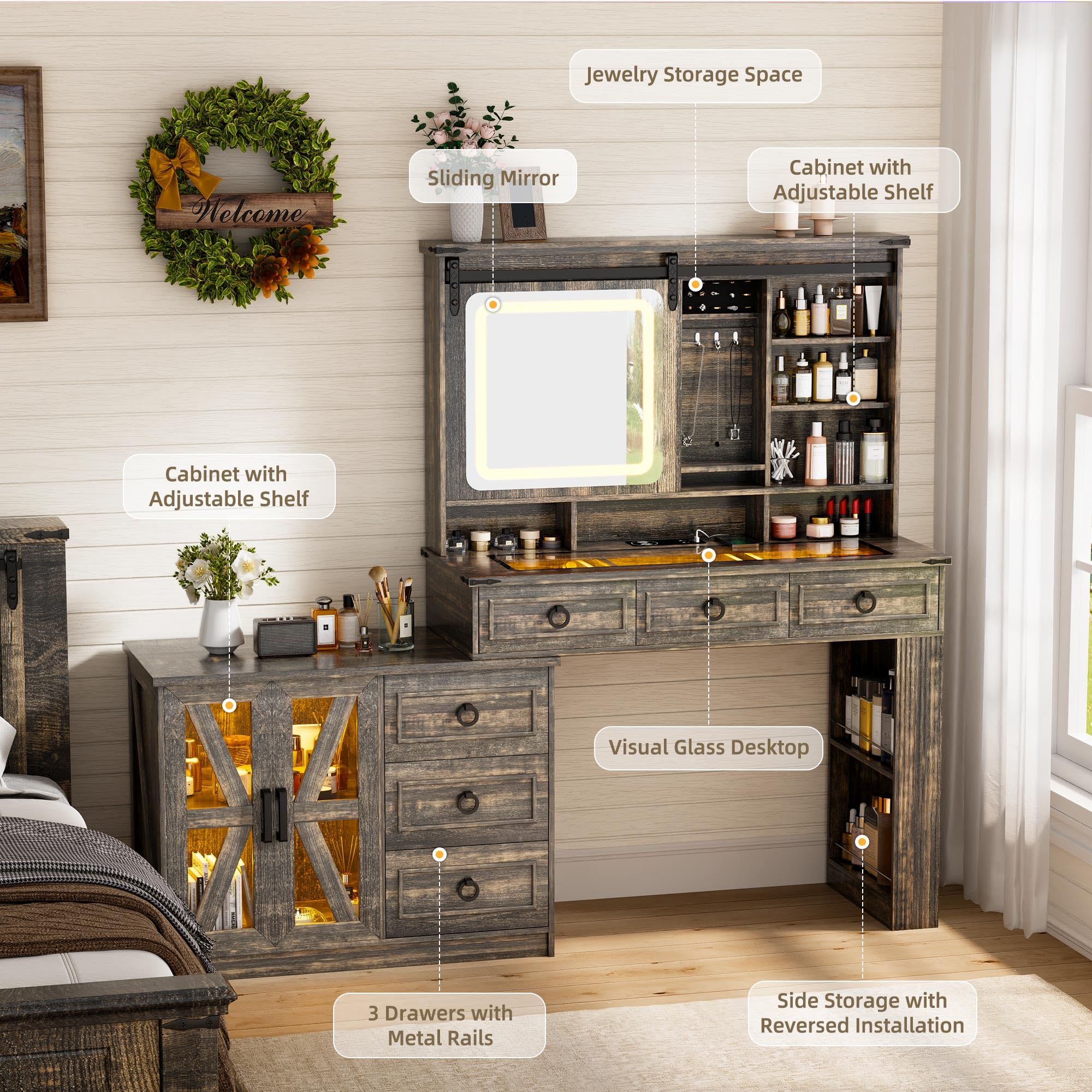 Lvifur Farmhouse Vanity Desk with Sliding Mirror & Lights, Glass Top Dressing Table with Jewelry Storage, 60