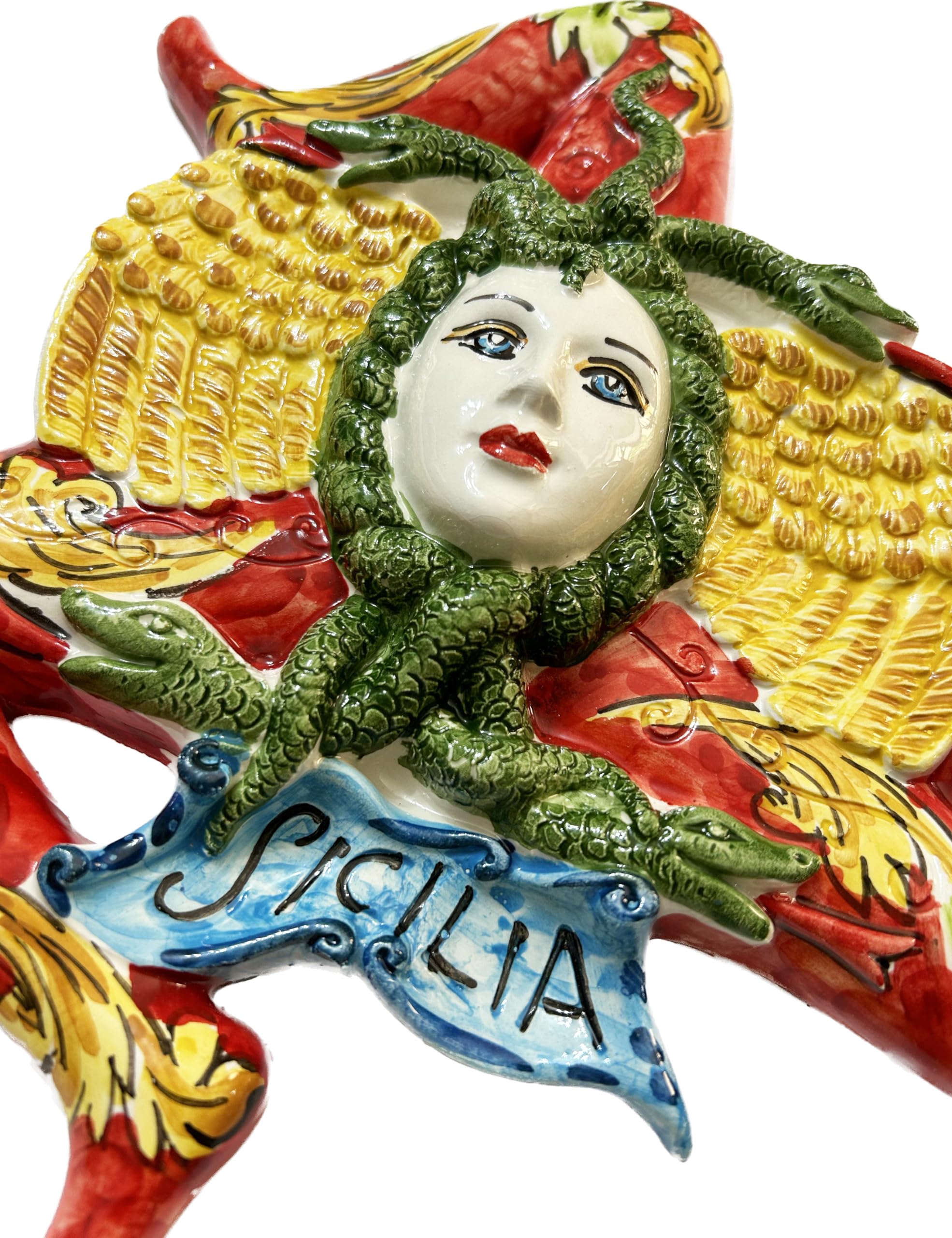 Trinacria z ceramiki dicilienne z Caltagirone wykonana ręcznie, rękodzieło dekoracyjne (czerwony, 28 cm)
