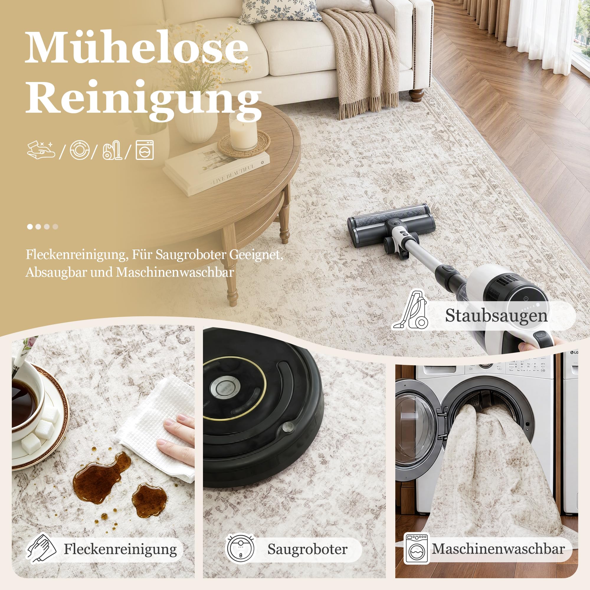 Beauoop Vintage Teppich Läufer Flur 60x240 cm Beige Waschbar Küchenteppich | Kurzflor Weich Rutschfest Retro Teppichläufer Bettvorleger Schlafzimmer Wohnzimmer Eingangsbereich Pflegeleicht Kitchen Rug