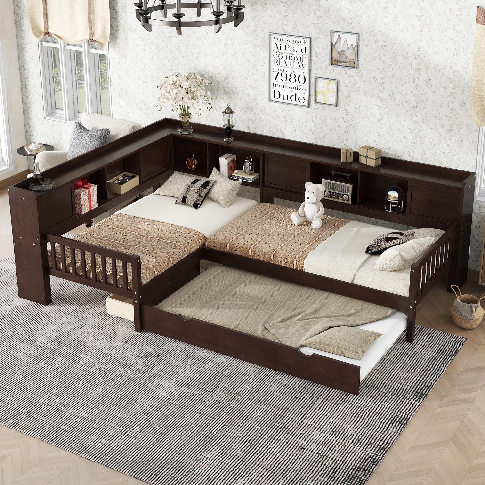 An assembled Ball & Cast Double Twin Size Daybed with Trundle in espresso finish, showing the L-shaped configuration, integrated headboard shelves, and the trundle bed retracted underneath.
