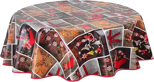 Christmas Round Oilcloth PVC Wipe Clean Tablecloth Table Cover 140cm 55" Red
