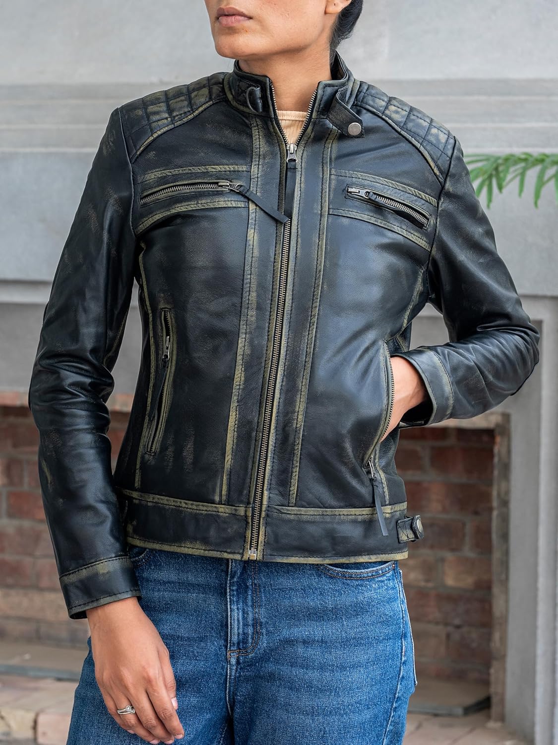 Jild Quilted Design Leather Jacket Women - Cafe Racer Style Real Lambskin Womens Leather Jacket - Image 2