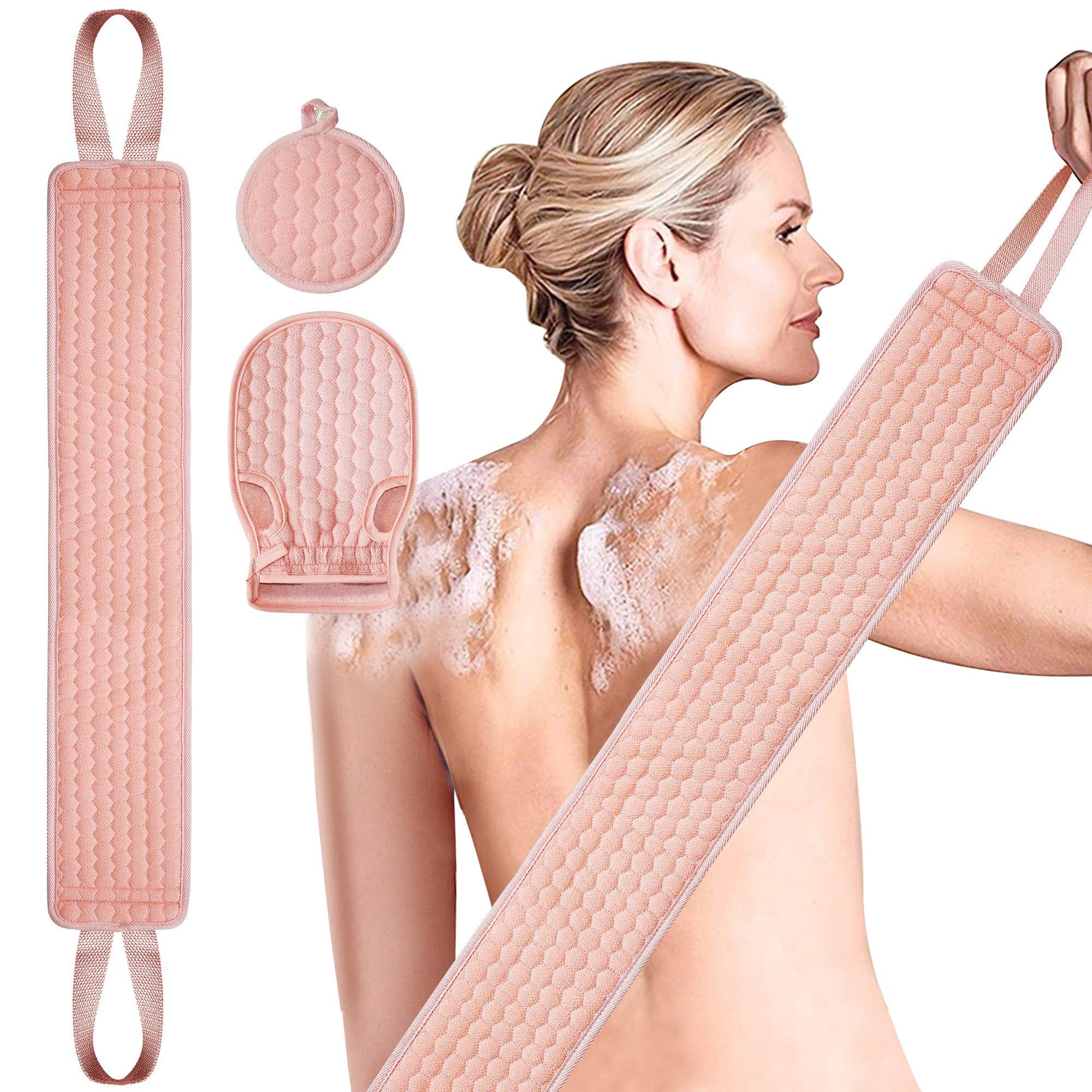 SunteeExfoliating Back Scrubber for Shower, 3 PCS Loofah Back Scrubber with Exfoliating Glove and Sponge Pad Set, Long Deep Clean Back Washer Bath Shower Scrubber for Men and Women (36.5 * 4.5 inch)