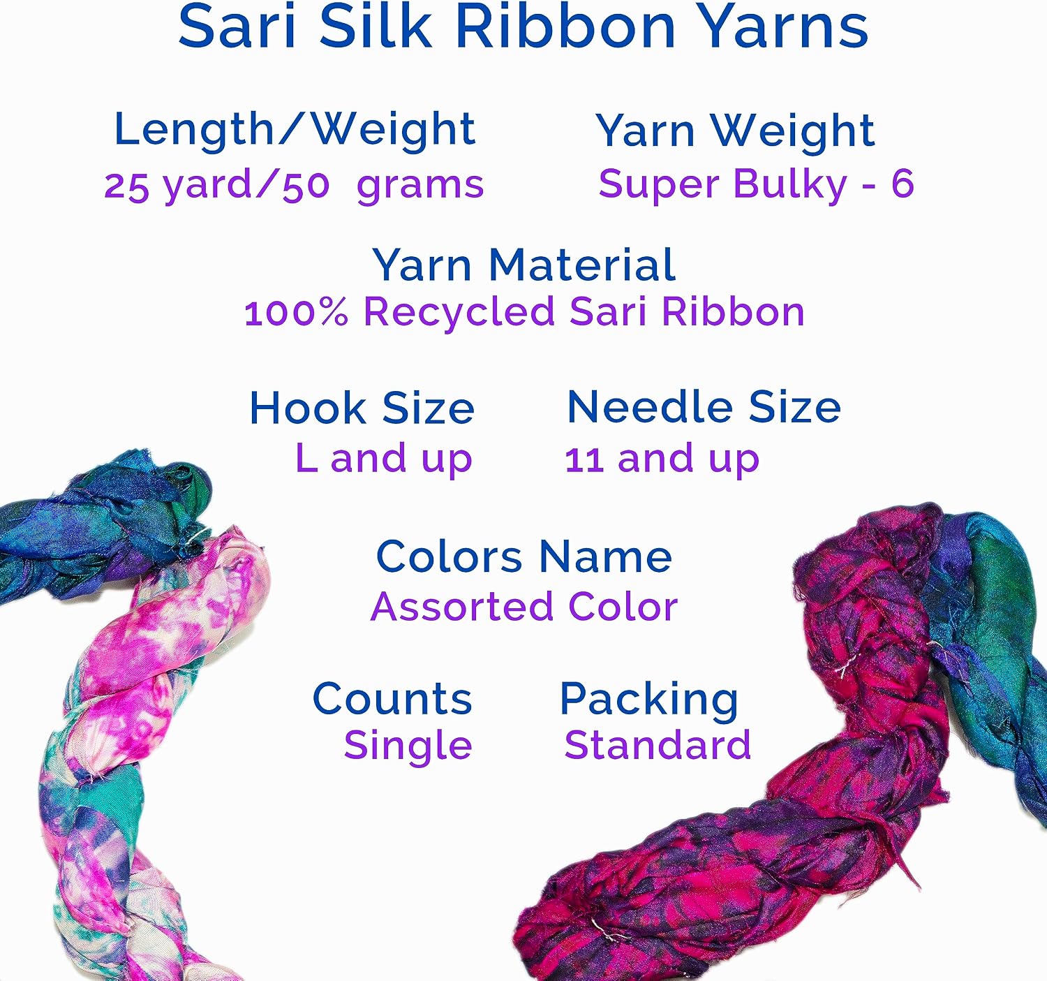 Knitsilk Assorted Sari Silk Ribbon Yarn Pack of 3 | Recycled Silk Ribbons for Knitting, Crochet, and Jewelry Making | Soft and Sustainable Handmade ( 25 yards,100 gm)