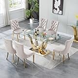 Binrrio 7-Piece Glass Dining Table Set w/6 Beige Upholstered Dining Chairs, 70in Rectangular Large Kitchen Table Set for 6, Glass and Gold Dining Table and Chair Set for 6