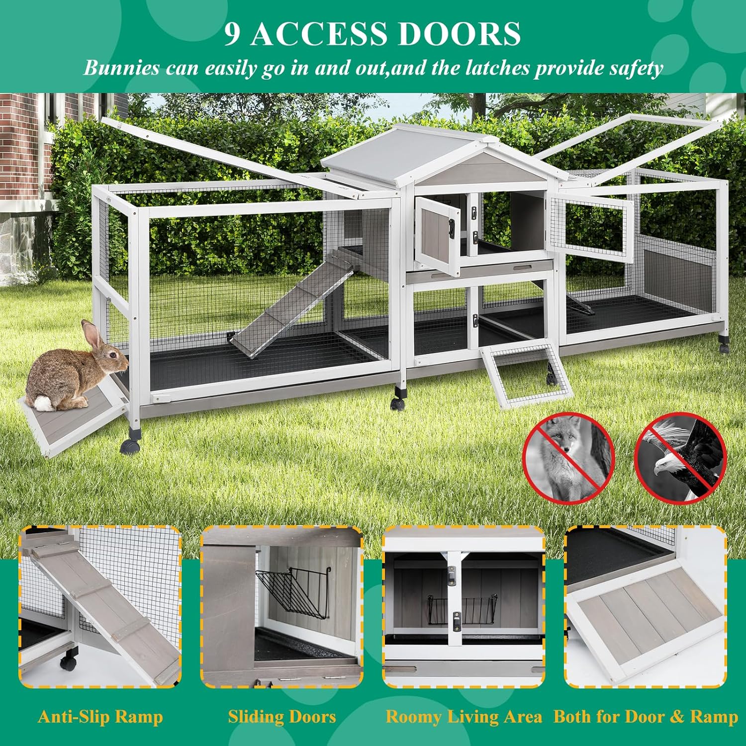 93" Rabbit Hutch Outdoor Indoor with Run Wooden Weatherproof Bunny Cage with 8 Wheels,4 Leak-Proof Trays,Dual Metal Run & Ramp,Small Animal Outdoor Pens & Hutches for 1-3 Rabbits,Guinea Pigs