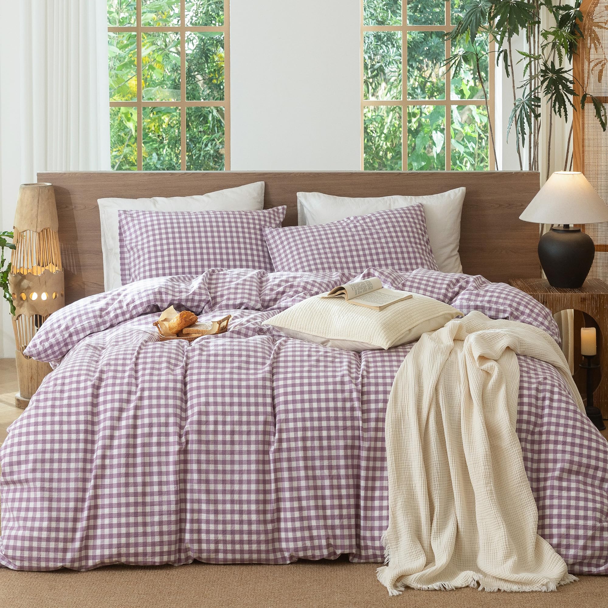 MooMee Gingham Duvet Cover Set 100% Washed Cotton Linen Like Cal King