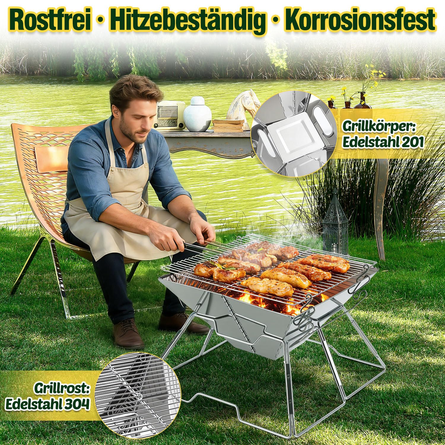 Faltbarer Grill aus 304 Edelstahl, Klappgrill mit Höhenverstellbarem Grillrost, Camping Grill kompakt & schnell aufgebaut, BBQ Grill für Garten, Balkon, Picknick und Outdoor mit Tragetasche