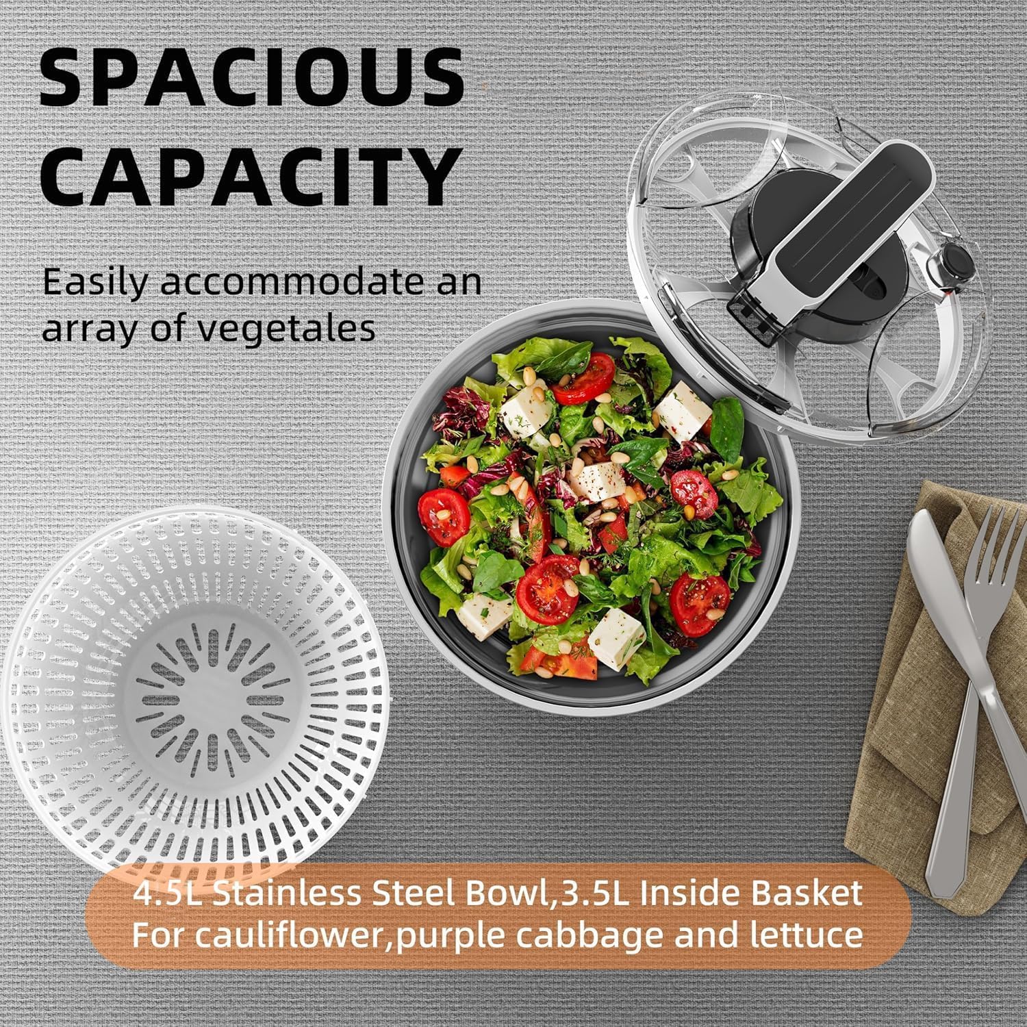 Centrifugadora Lechuga 4,5L de Acero Inoxidable Grande, Centrifugador de ensalada grande,Base Antideslizante, Escurridor Lechuga Centrifuga con Tapa, para Lavar y Escurrir Las Ensaladas