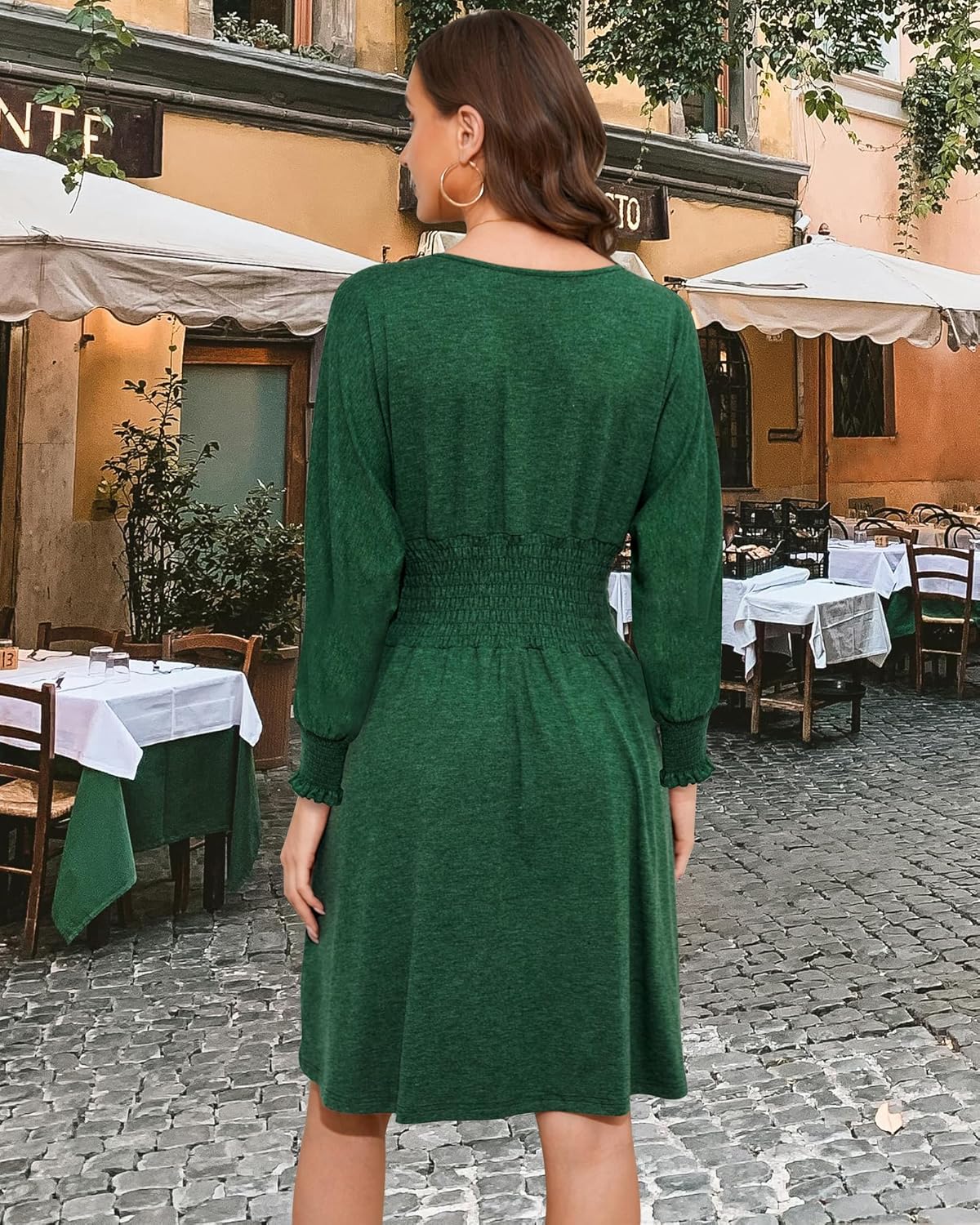 Women's Summer Long Sleeve Casual Dresses with Pockets Smocked Ruched Empire Waist Knee Length Dress Beach Sundress - Image 4