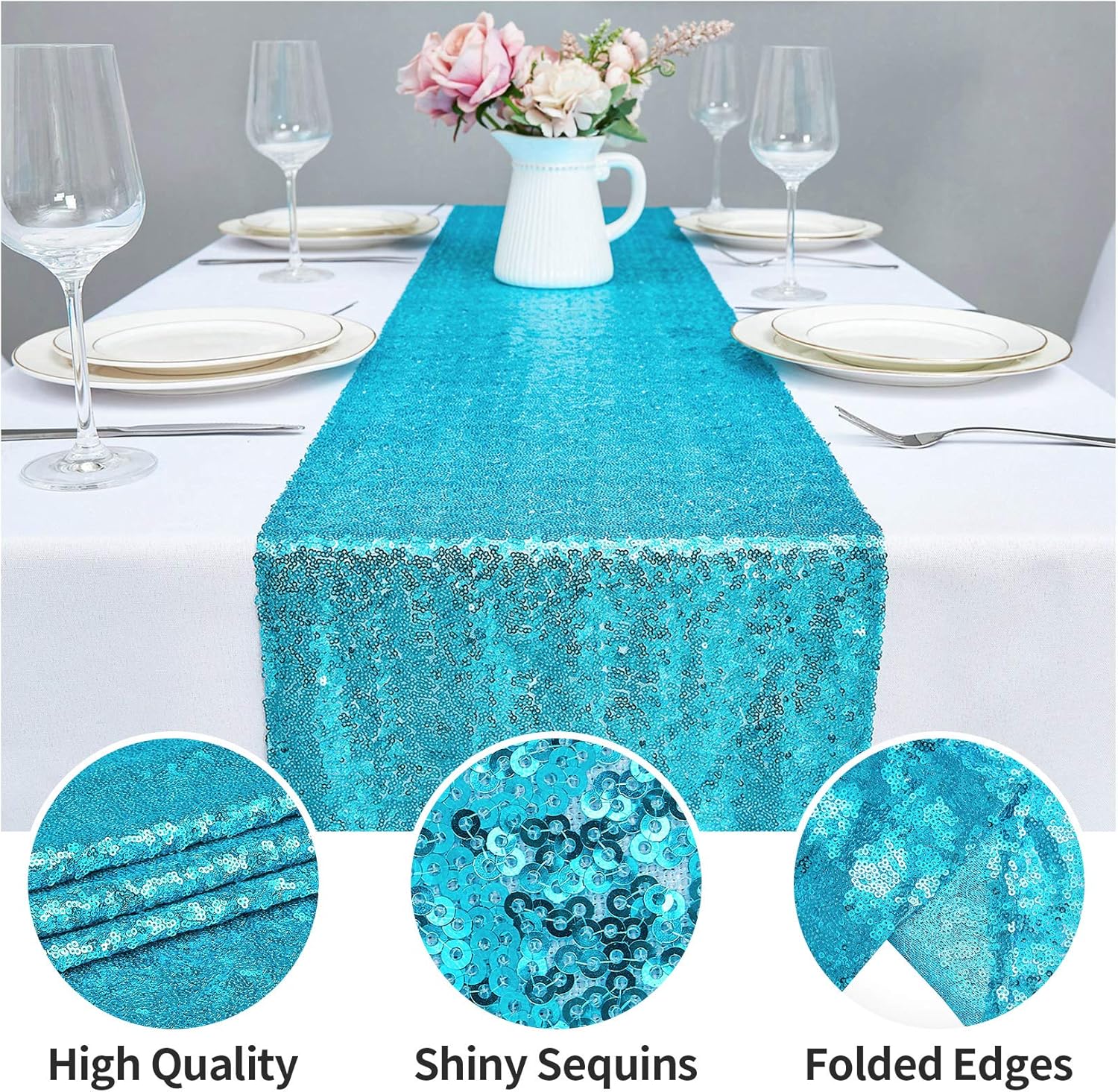 6PCS 12x72 Inch Sequin Table Runner Turquoise Glitter Table Runner for Party, Wedding, Bridal Baby Shower, Event Decorations（6PCS, 12x72 Inch, Turquoise）