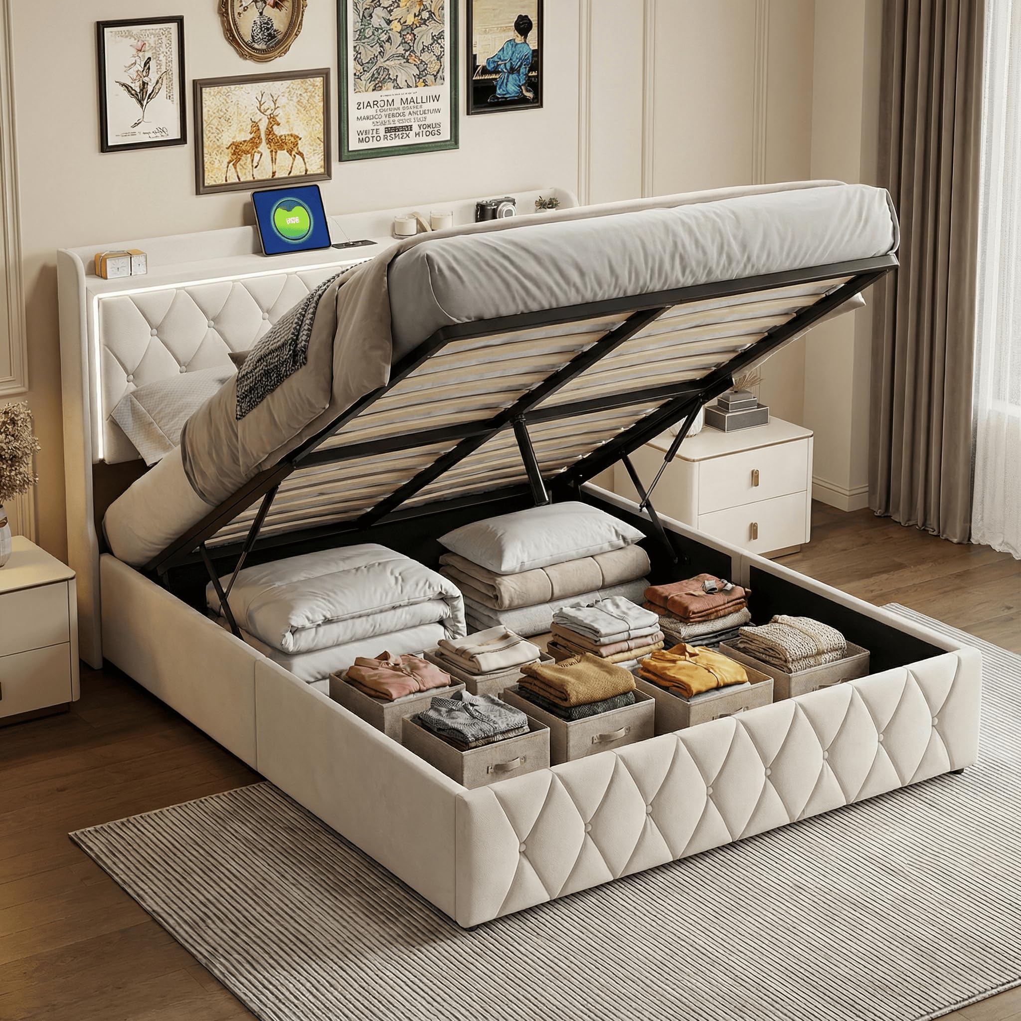 Cama Canapé 140x190 cm con LED y USB, Cama Doble Tapizada en Terciopelo Beige con Somier de Lamas, Cabecero con Almacenaje, Diseño Capitoné (Beige A, 140x190cm)