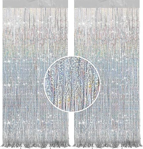 Paquete de 2 cortinas de oropel plateado brillante de 3.2 x 9.8 pies, decoración de telón de fondo de fiesta, telón de fondo metálico con flecos