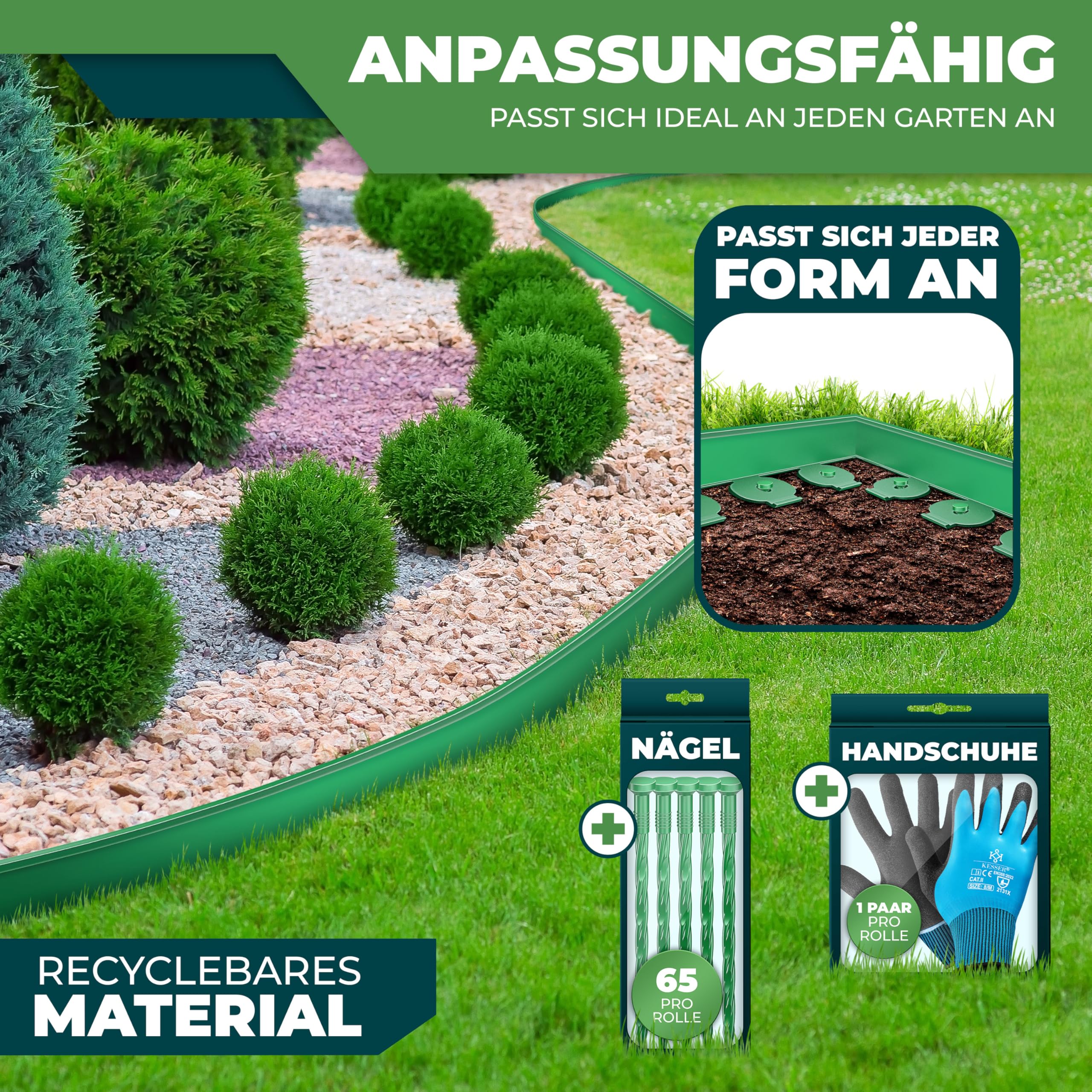 KESSER® Borde Flexible para césped de plástico, cercado de arriates, Borde de arriates, Borde de arriates, Borde de césped, Inlc. Guantes, 50 m x 5 cm, Verde