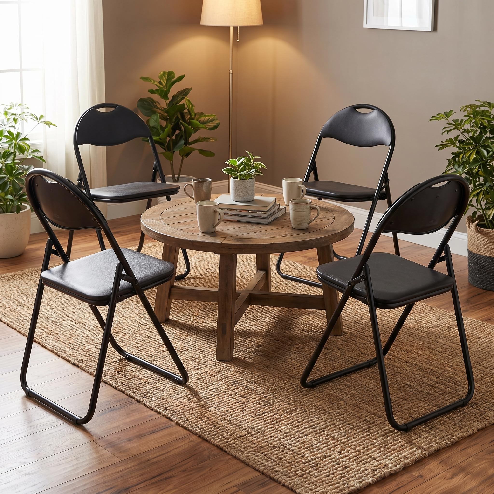 EGGREE Lot de 6 Chaises Pliantes Siège en PVC Souple Noir avec Cadre Métallique et Design de Poignée, Chaises de Camping Portables avec Capacité de Charge 120kg Idéales pour Intérieur/Extérieur
