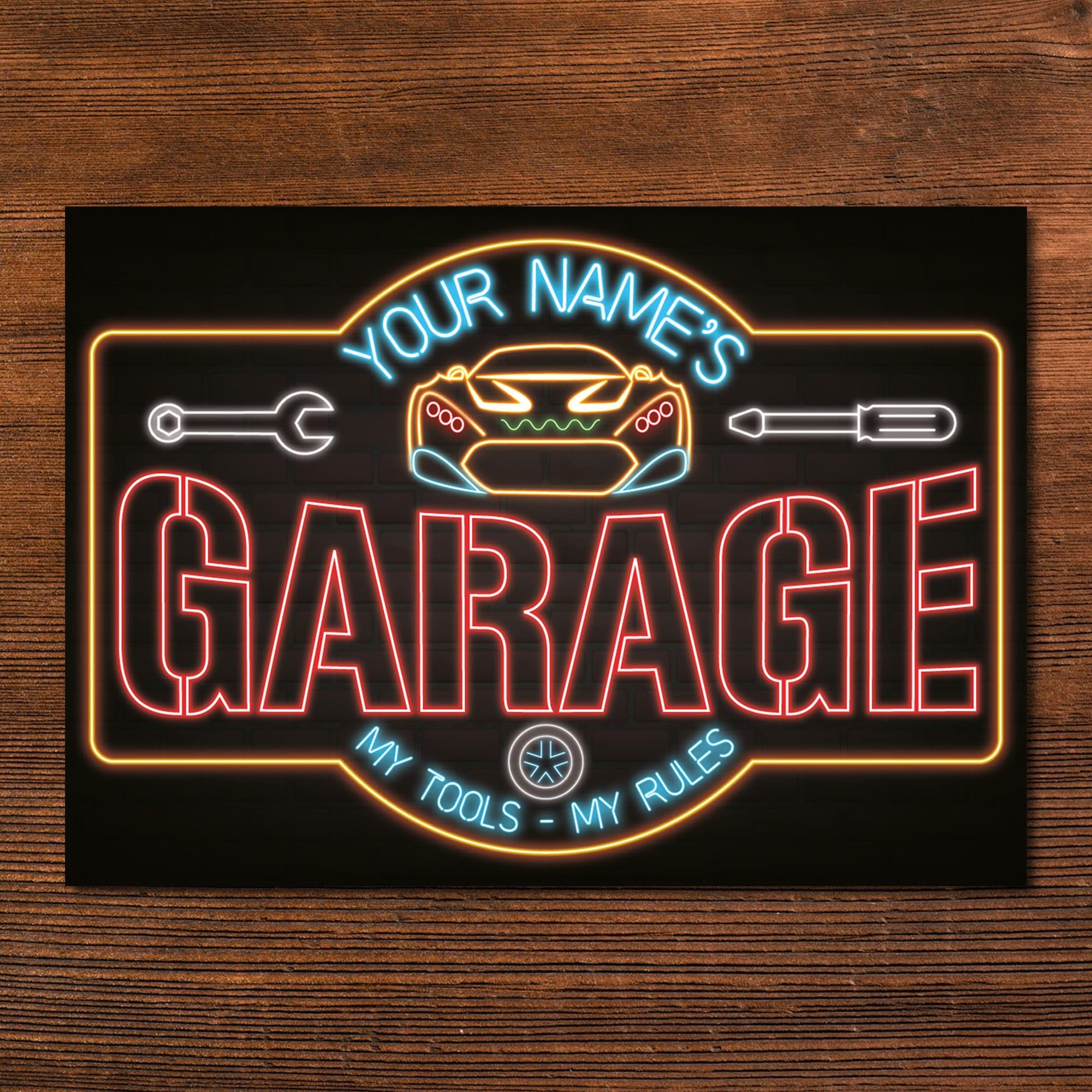 Personalised Garage Neon Effect Sign For Men Mechanic Sign Custom Wall Decor Metal Plaque