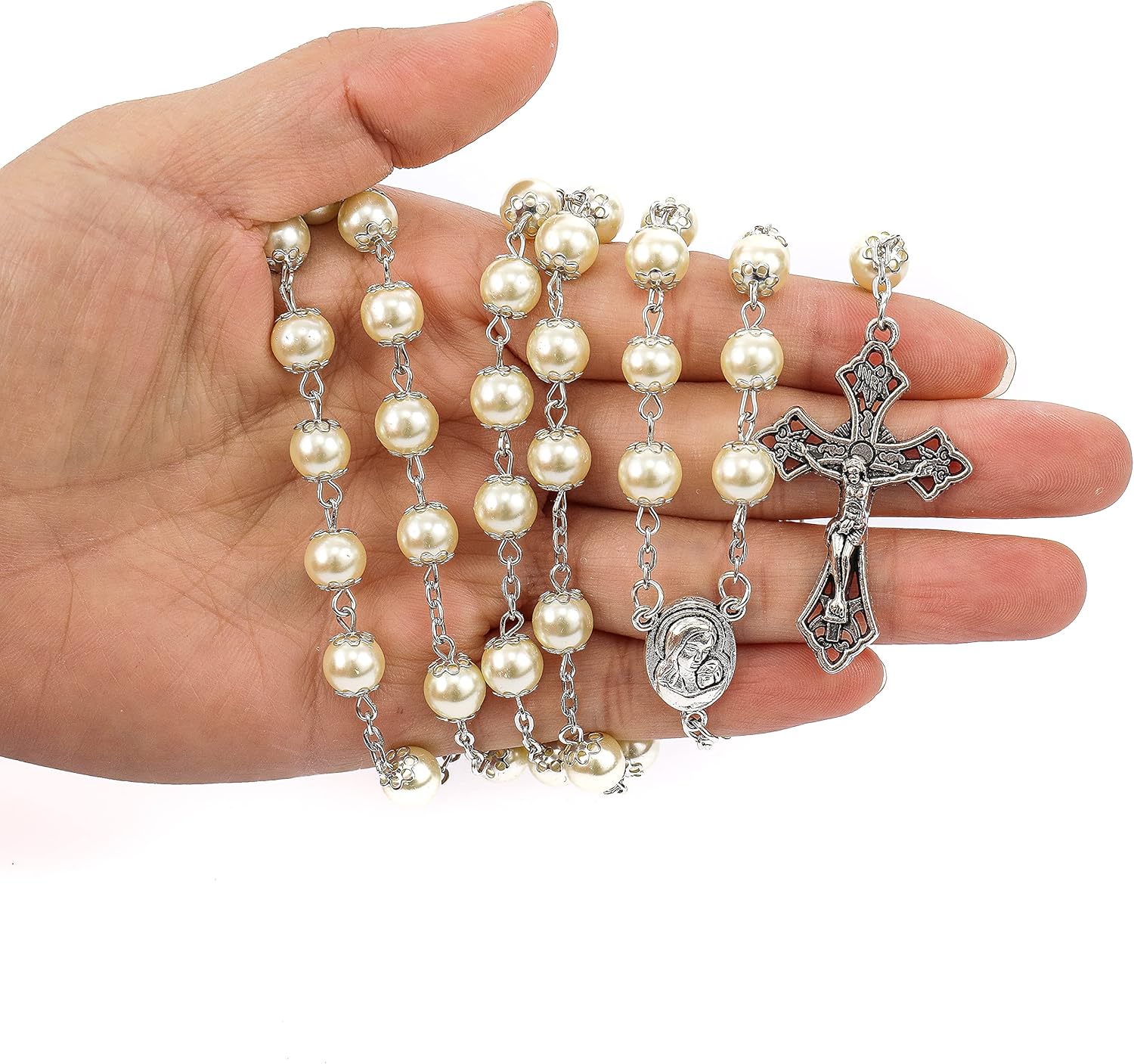 Nazareth Store Pearl Cream Beads Rosary Necklace Holy Soil Medal and Cross Catholic Rosaries for Women, Men - Image 8