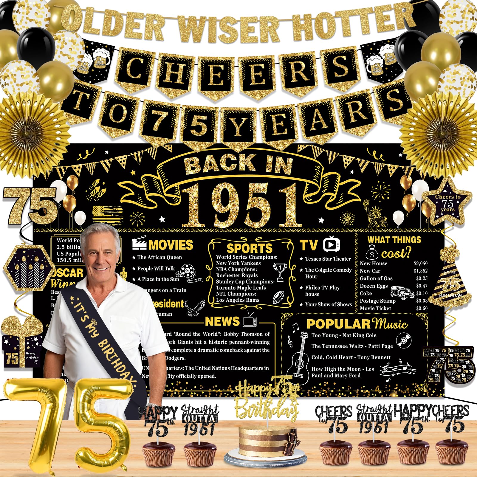 75th Birthday Decorations for Men Women, 36 Pcs Back in 1951 Birthday Party Decorations, Black Gold Happy 75th Banner,Vintage 75th Birthday Table Decorations ,Cake Topper, Sash Party Supplies