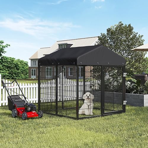 Miniatura 4 de Gran recinto para perros al aire libre, jaula resistente con techo, valla de acero galvanizado para perros con doble cerradura de seguridad (50 x 48