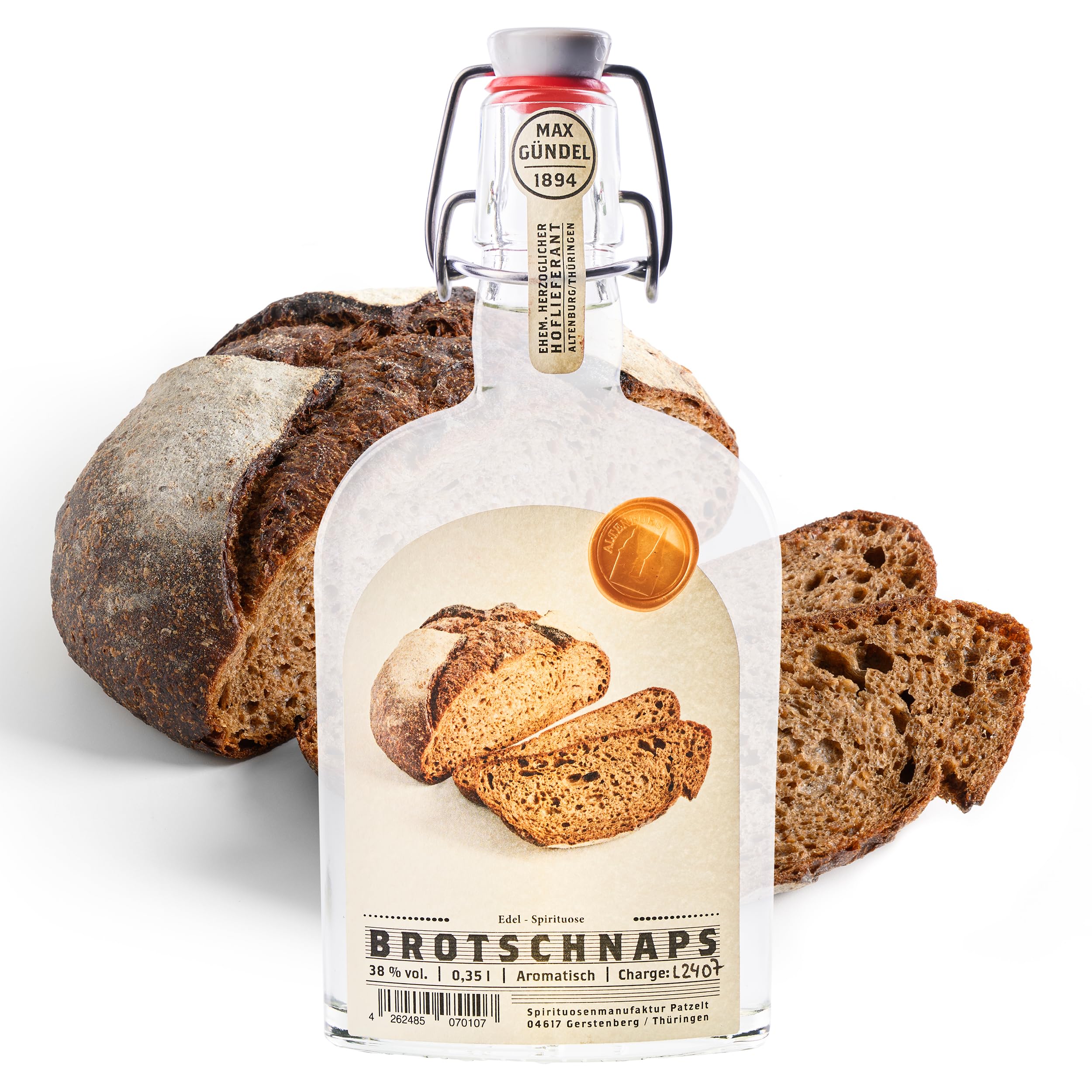 Gündels Brotschnaps – Süßer & sanfter Edel-Schnaps mit Aromen von Brotkruste & Gebäck | 0,35 l Flasche mit traditionellem Schnappverschluss | 38% Vol. | Geschenkidee & Genuss-Spirituose
