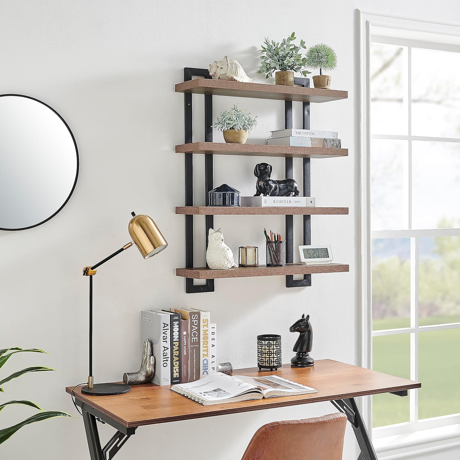 Danya B. 4-Tier Floating Bracket Wall Shelf - Metal and Laminate MDF Finish - Accent Shelving Unit for Displaying Books, Plants, Sculptures, Photos, Art, and Other Decor (Walnut)