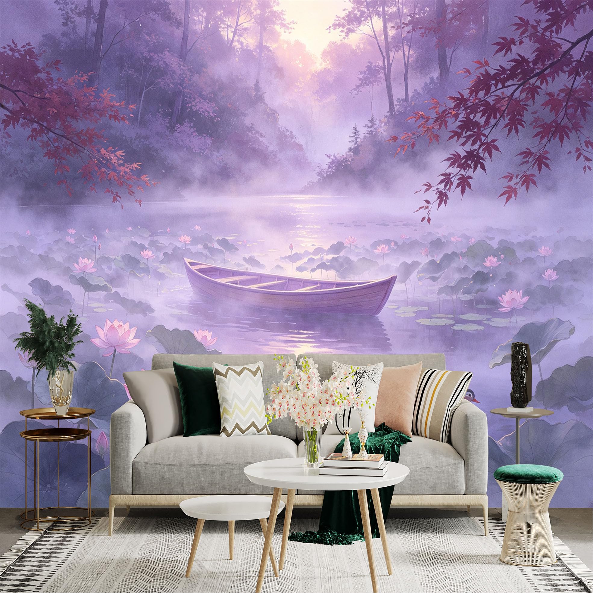 Custom Size Wall Sticker Mural， Misty Pond with Wooden Boat， Blooming Pink Lotus Flowers， Serene Nature Scenery， for wall Decoration， peelandstick wall Decals.
