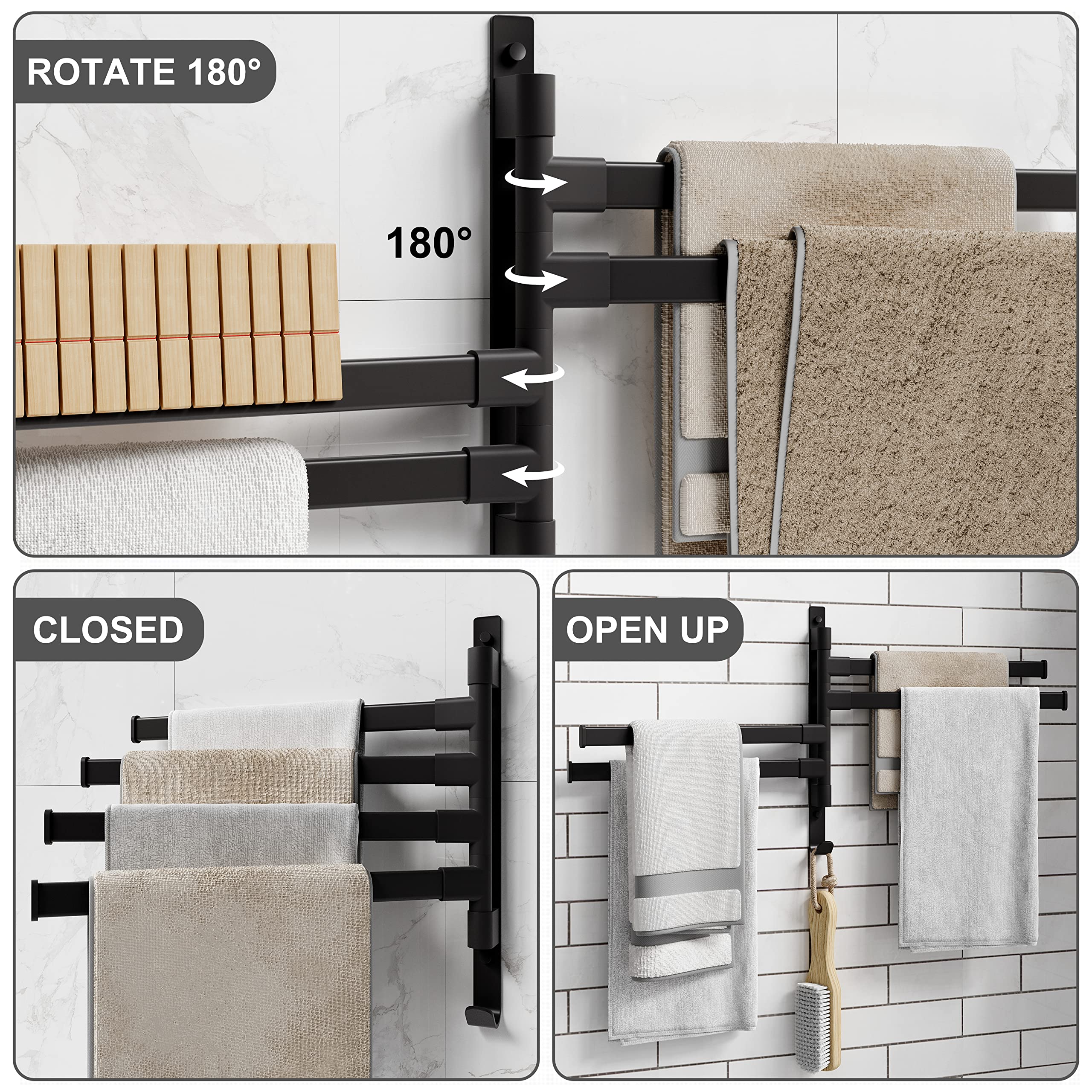 Toallero giratorio, toallero montado en la pared para baño, toallero de 4 brazos con gancho, toallero de ahorro de espacio para baño 3