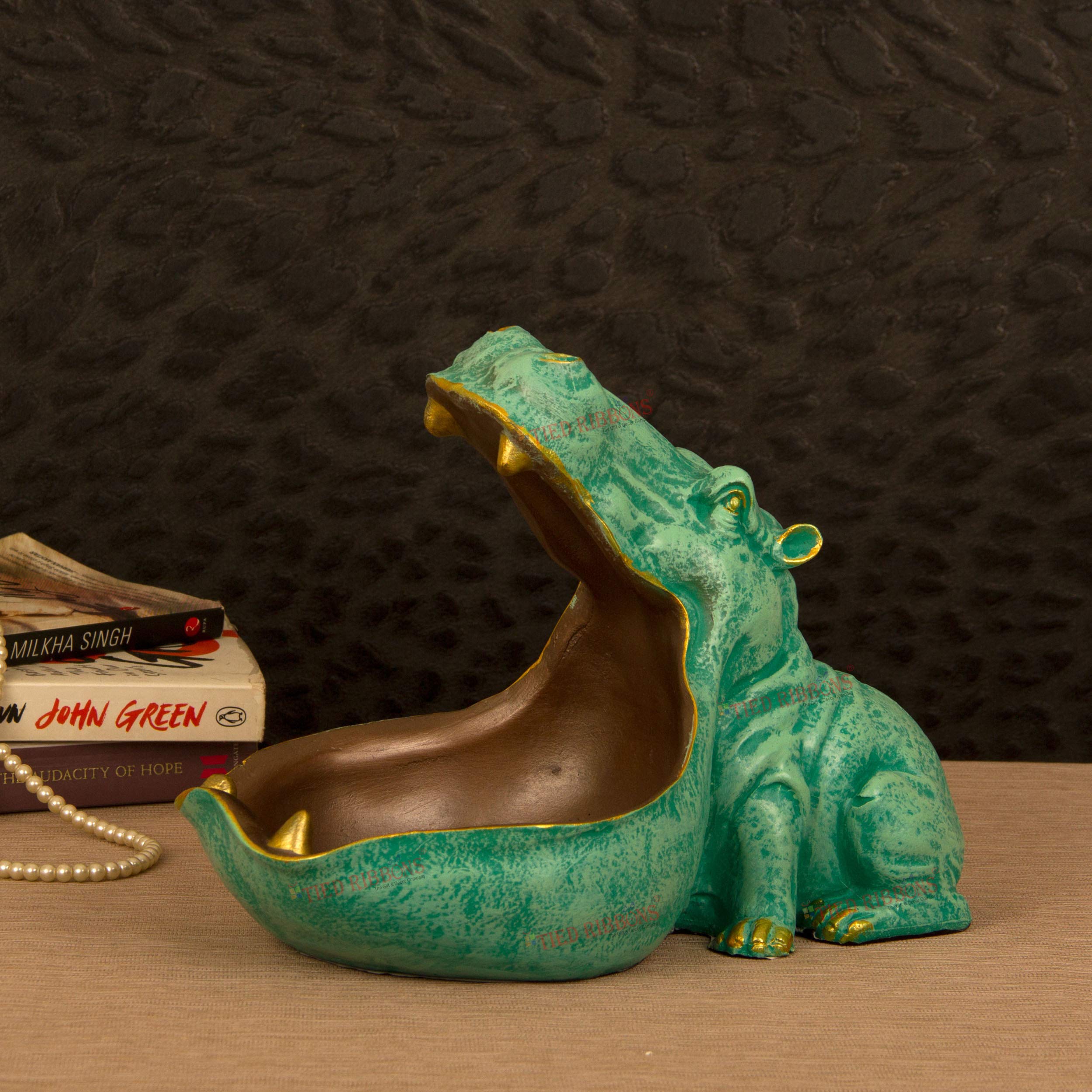 TIED RIBBONS Resin Multipurpose Big Mouth Hippopotamus Storage Makeup Organizer Action Showpiece Statue For Vanity Home Decor Living Room Bedroom Office Decoration Items(20Cm X 25.5 Cm,Green)-image-5