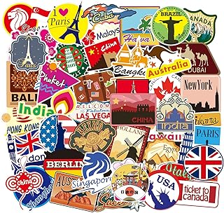 100 Travel Maps Stickers, World Famous Landmarks Country City Logo Stickers for Suitcase Laptop Skateboard Bicycle Scrapbook