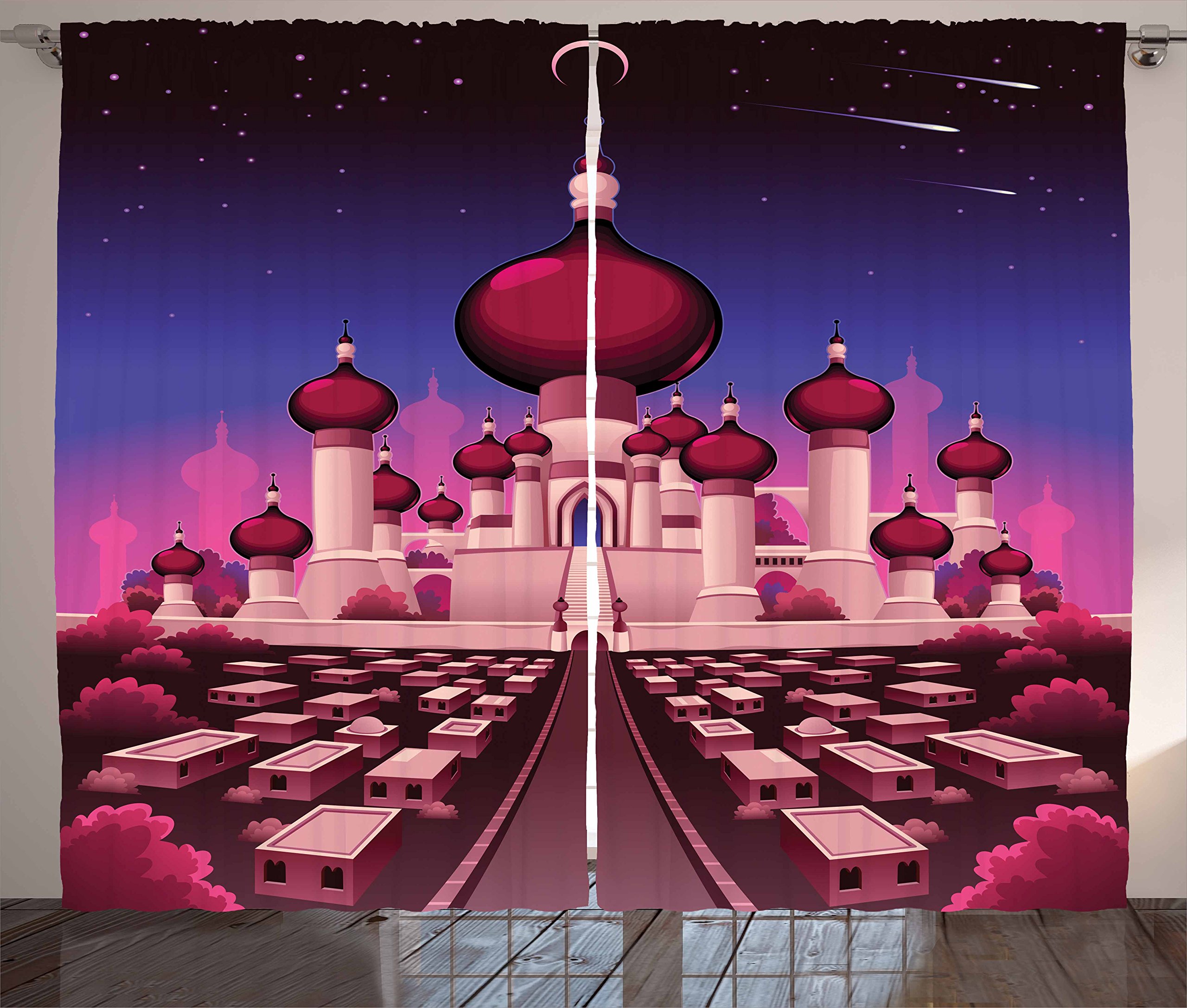 Ambesonne Fantasy Curtains, Castle at Night Oriental Palace Landscape Illustration, Living Room Bedroom Window Drapes 2 Panel Set, 108" X 63", Indigo Magenta Pink