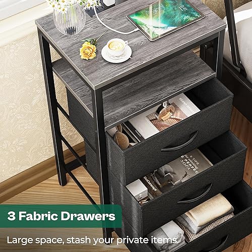 Miniatura 5 de Huuger Juego de 2 mesitas de noche de 27.6 pulgadas con estación de carga, mesas auxiliares con cajones de tela, mesitas de noche con puerto USB y