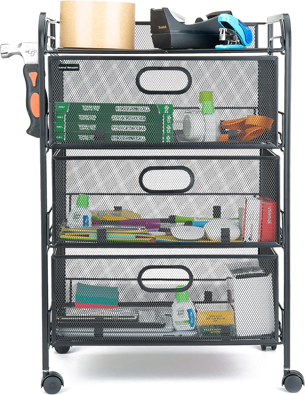 Mind Reader 4DRMESH-BLK 3 Rolling Mesh, Metal Drawers, File, Utility, Office Storage, Heavy Duty Multi-Purpose Cart, Silver, Black: Home & Kitchen