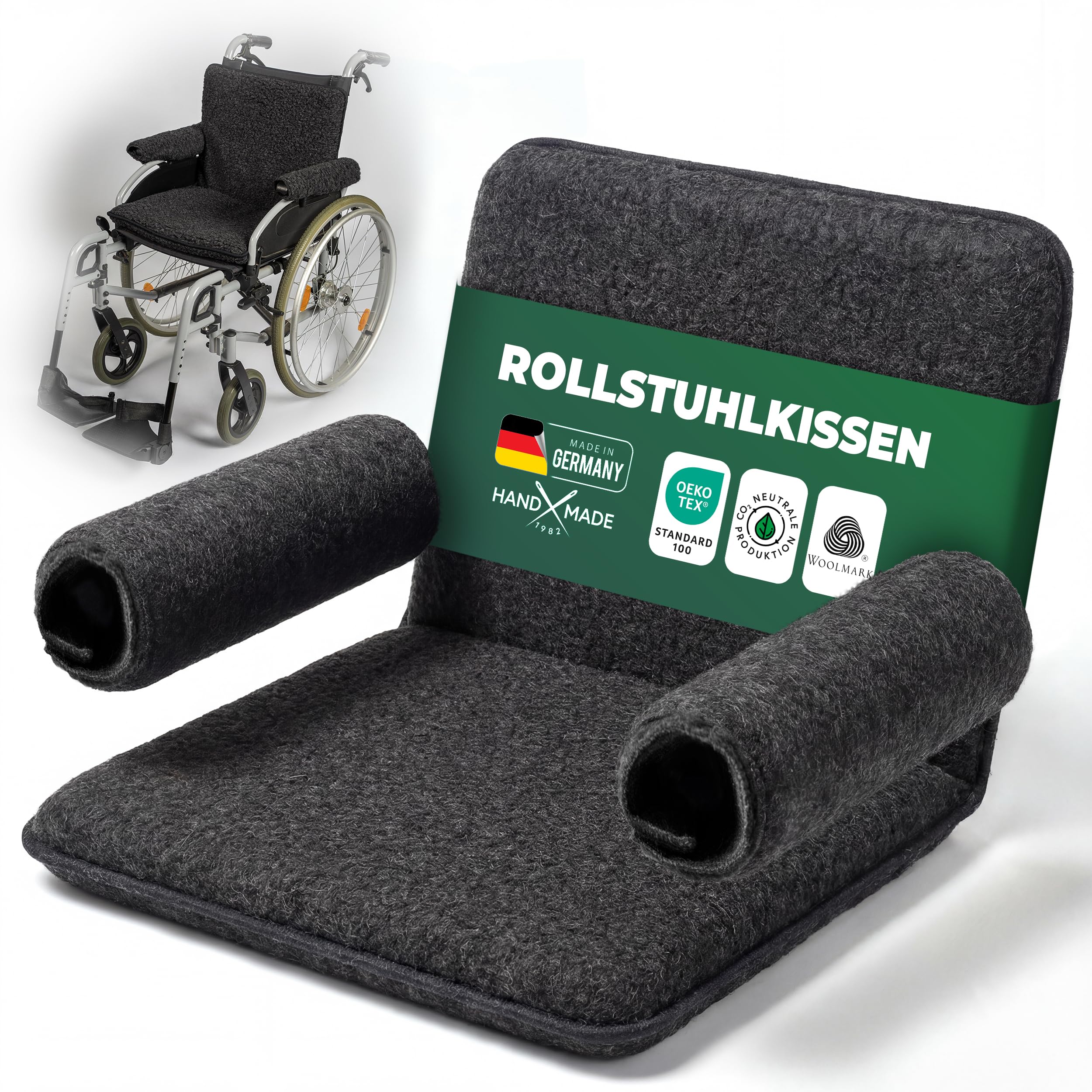 NOVALIV Komfortowy zestaw do wózka inwalidzkiego – ergonomiczna poduszka do siedzenia, wyściełane podłokietniki – poduszka na wózek inwalidzki i podłokietniki w kolorze antracytowym – wygodne