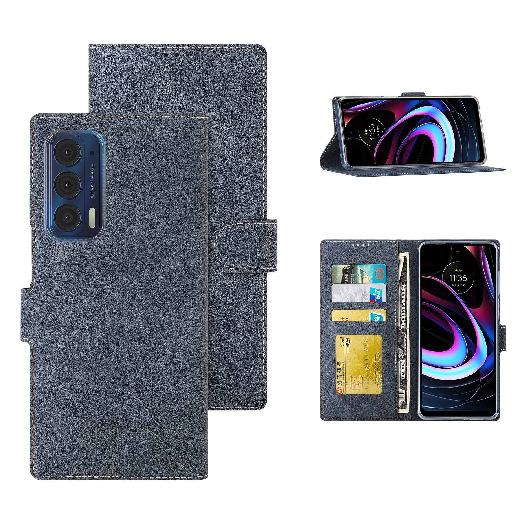 FeitennMotorola Moto Edge 2021 Case, Moto Edge Leather Case, Slim Folio Cover PU Leather Hard Plastic Bumper Shockproof Durable Defender Shell Skin for Moto Edge 2021 (Blue)