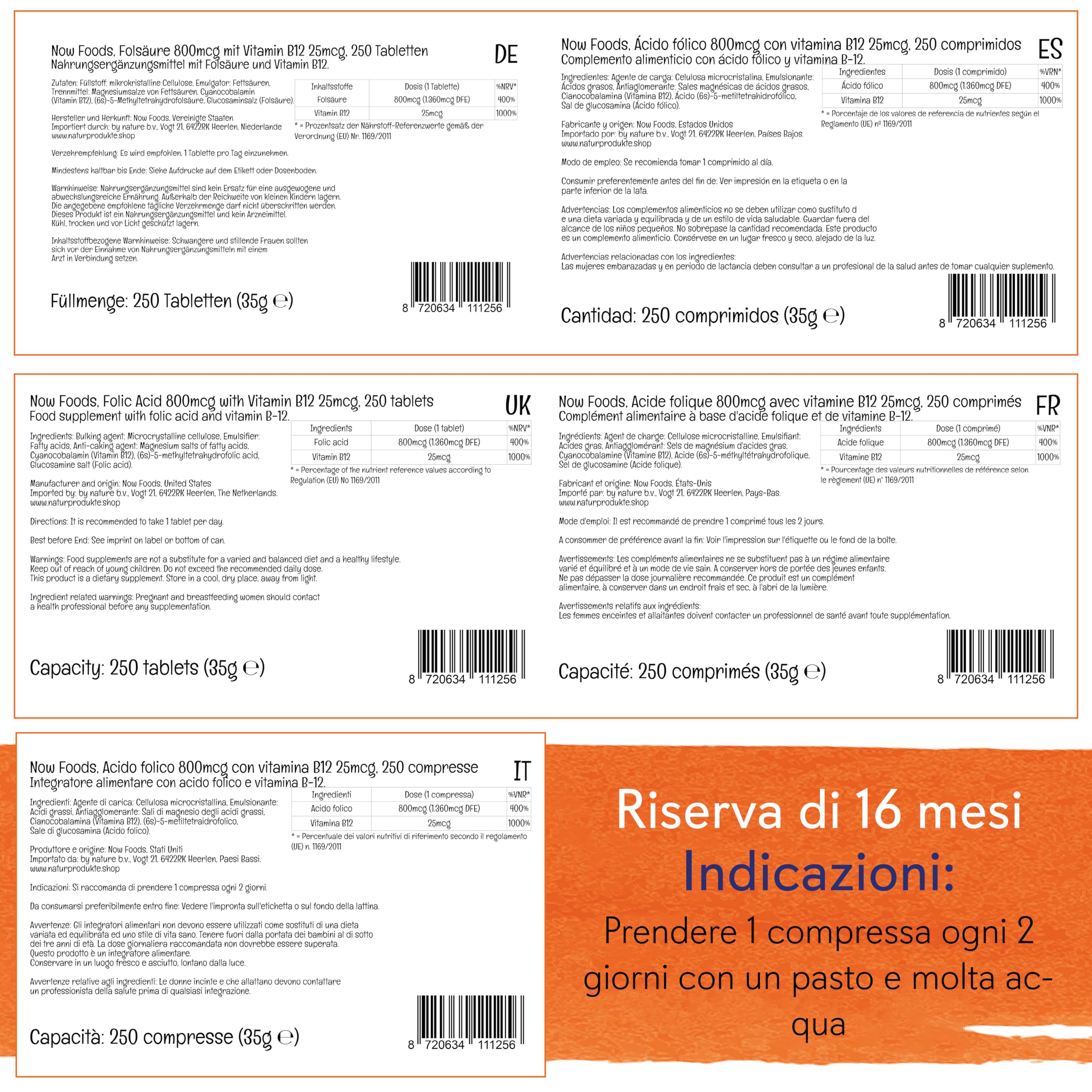Now Foods, Folic Acid (Acido folico), 800 mcg, 250 Compresse vegane, Testato in Laboratorio, Dose elevata, Vitamina B12, Senza Glutine, Senza Soia, Vegetariano