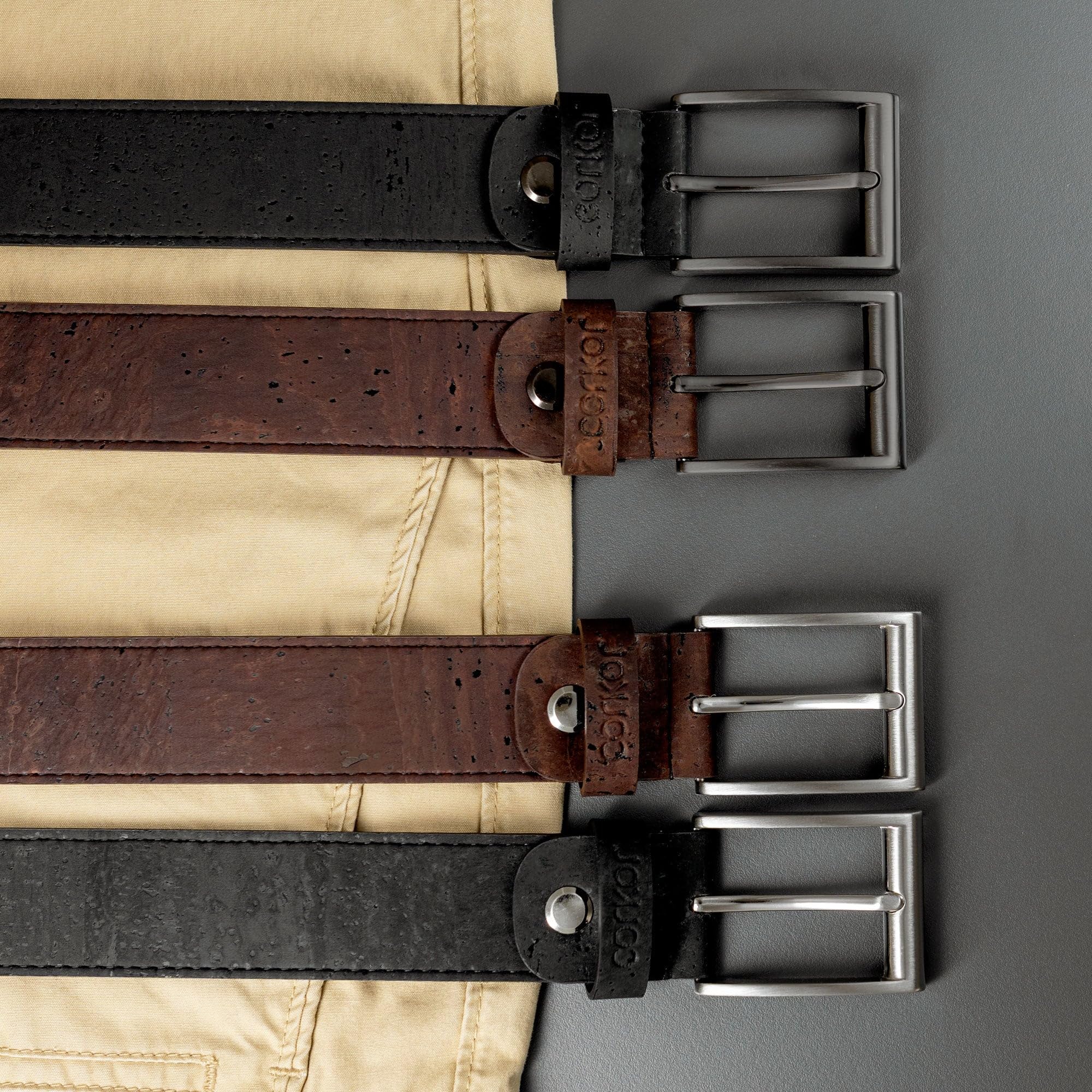 Corkor Cinturón de corcho para hombre, alternativa de cuero vegano, correa casual de 1.38 pulgadas con hebilla negra o plateada, sin piel, listo para regalo