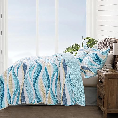 Vista 137 de NEWLAKE Juego de colcha de algodón, juego de colcha reversible de retazos, estampado real clásico turquesa, tamaño Queen Turquesa Clásico