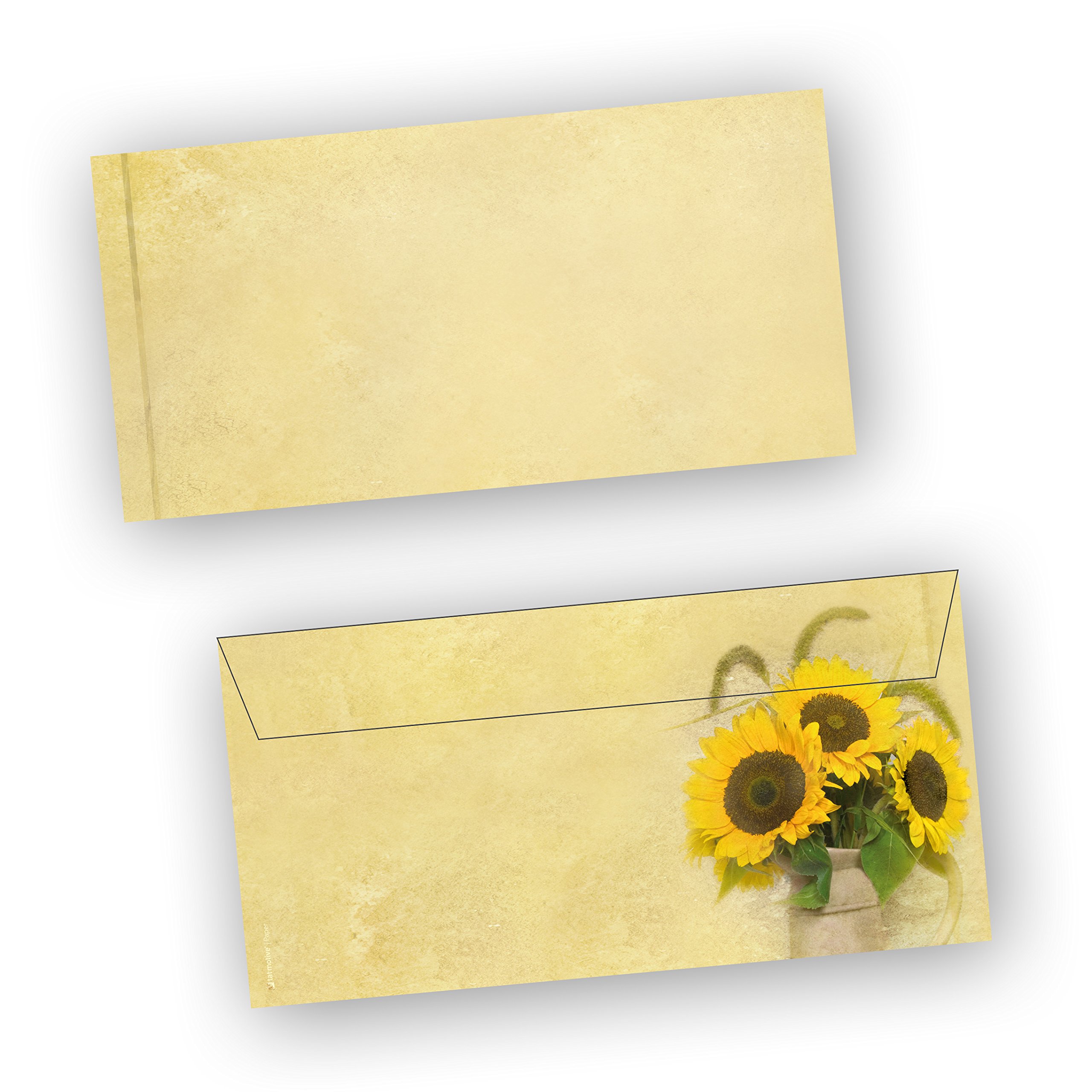 Briefhüllen Sonnenblumen (500 Stück) beidseitig bedruckte DIN lang Umschläge gelb