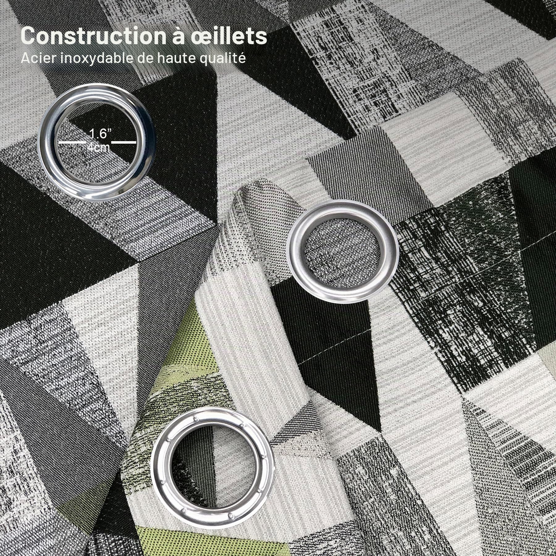 always4u Rideau Occultant à Motifs Géométrique en Faux Lin, Double Rideaux Isolation Thermique à Oeillets pour Salon et Chambre, Moderne, Vert 140x245cm Lot de 2