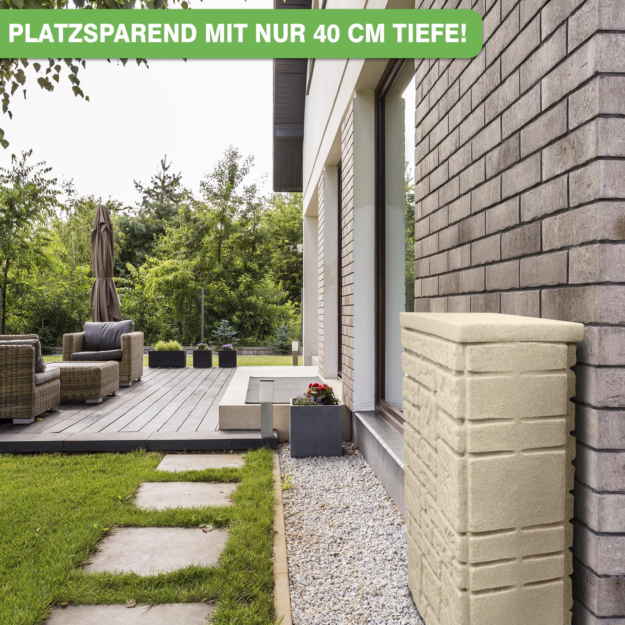 YourCasa Regentonne 300 Liter [StoneRain] mit Metallgewinde und Deckel in Steinoptik - Regenfass Frostsicher aus Kunststoff - Regenwassertonne - Regenwassertank Garten Wassertank Regensammler (Sand)