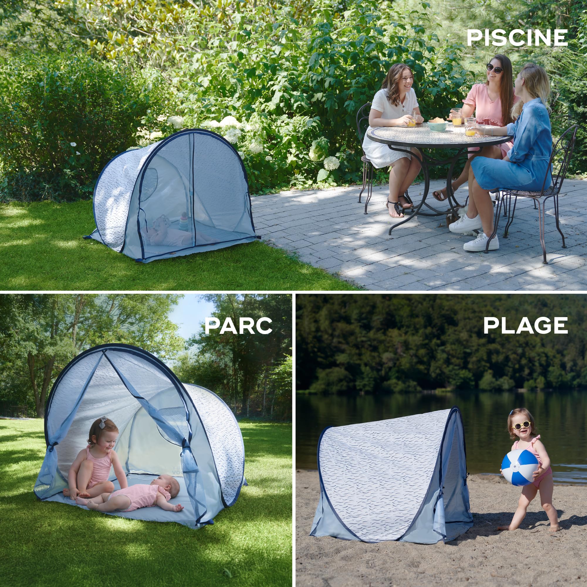 Babymoov Tente Anti-UV Bébé - Haute Protection Solaire FPS 50+ - Moustiquaire Intégrée - Système Pop Up - Grande Tente de Plage, Blue Waves