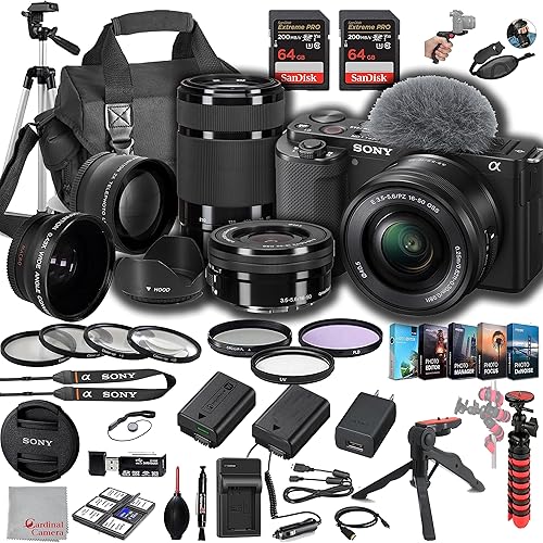 Miniatura 1 de Sony Cámara sin espejo ZV-E10 con lentes de 0.630-1.969 in + 2.165-8.268 in, memoria de velocidad exreem de 128 GB, gran angular .43 y lentes 2X,