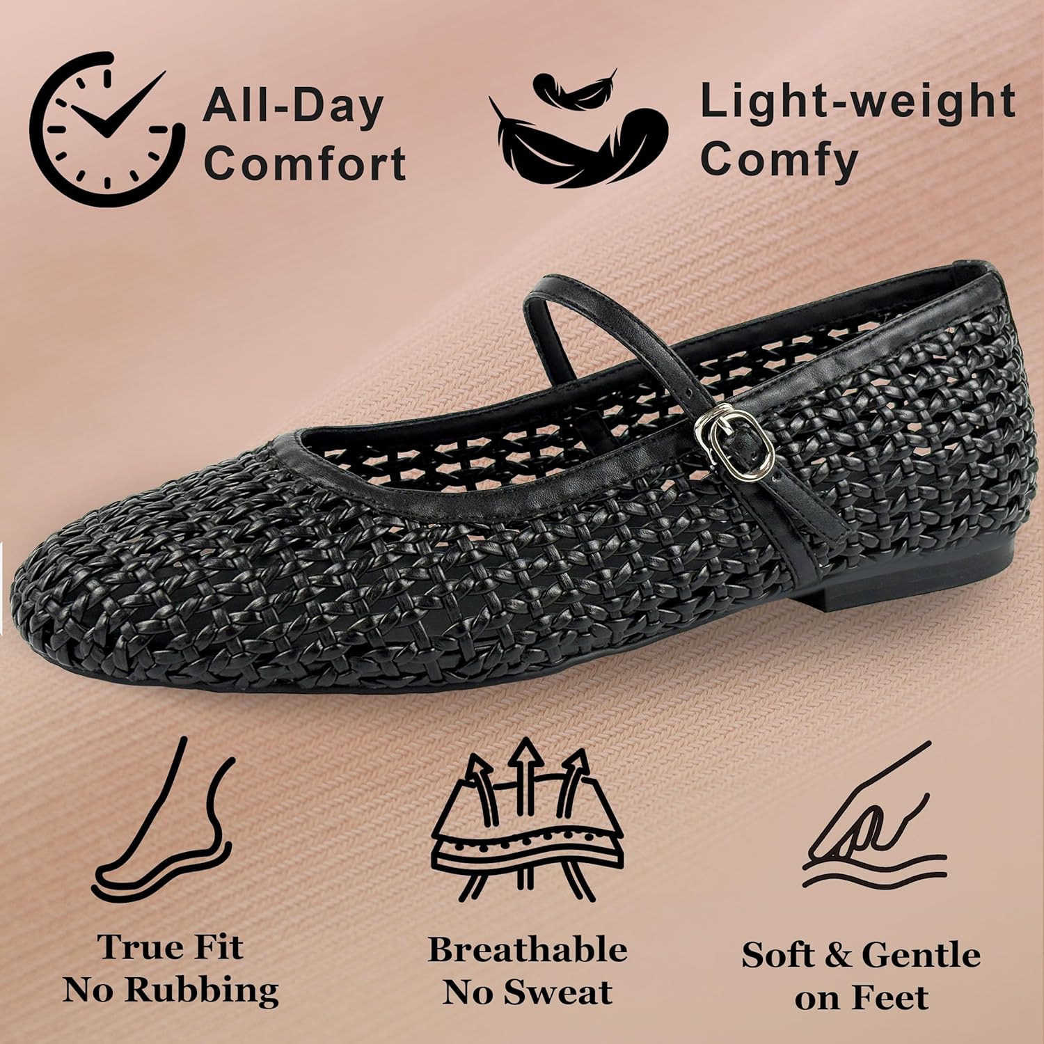 Woven Flats for Women Ballet Flats Faux Leather Mary Jane with Buckle Strap, Casual Office Woven Ballerina, Soft All-Day Comfy Dressy Shoes - Image 5